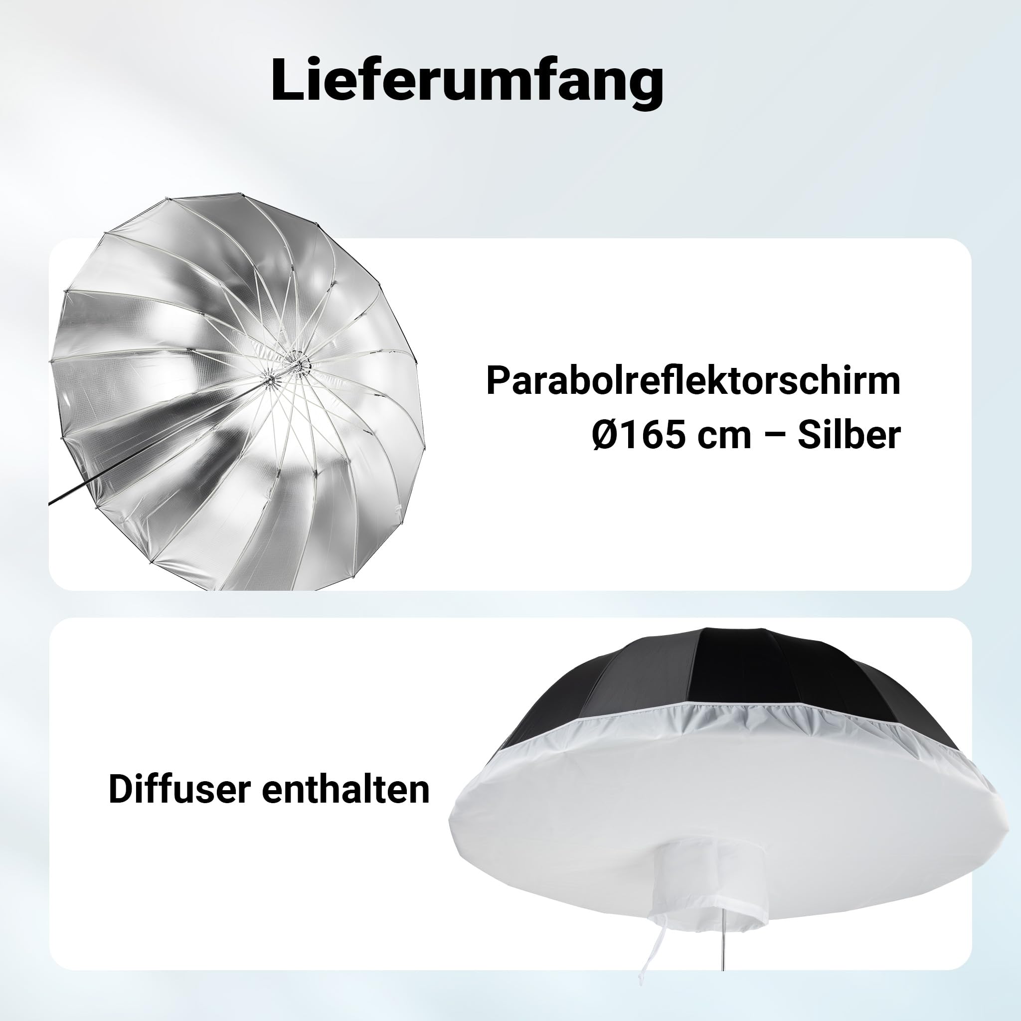 Walimex pro Parabol Reflexschirm schwarz/silberfarben Ø 165 cm + Diffusor – Lichtformer Set für Fotografie und Videografie