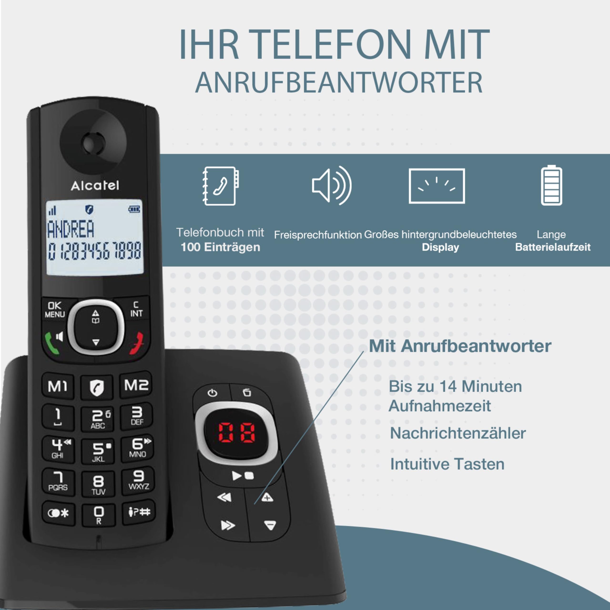 ALCATEL F530 Voice Duo - Schnurloses Festnetztelefon DECT mit Anrufbeantworter - Großes Display - Freisprechfunktion - Anrufblockierungsfunktion - 2 Direktwahltasten - 2 Mobilteile - Schwarz