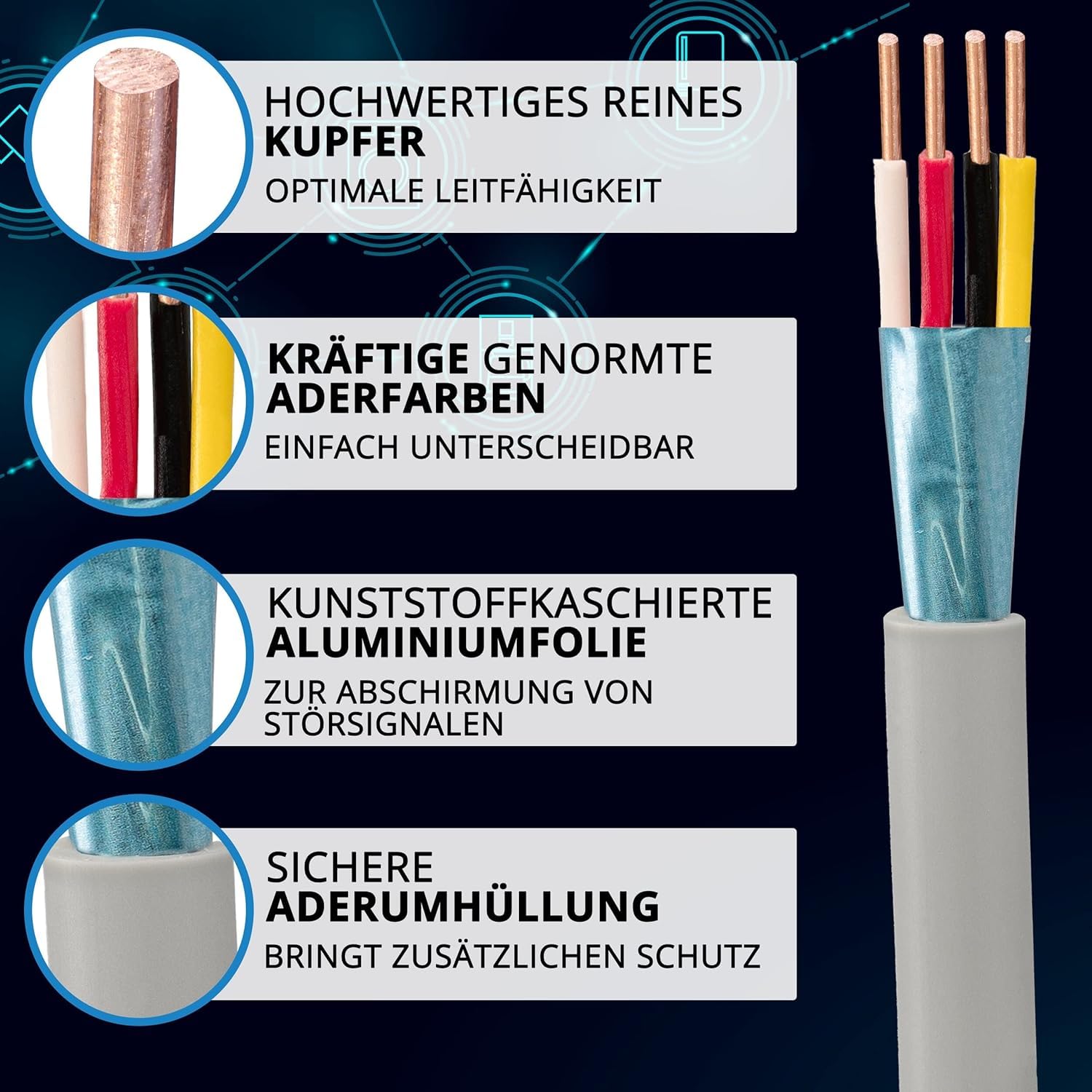 EBROM Fernmeldeleitung Telefonkabel J-Y(St) Y 2x2x0,8 mm geschirmt - 200 m | Ab 10 Meter bis 250 Meter, Telekommunikationskabel zur Datenübertragung z.B. für Sprechanlagen, Klingelanlagen, Telefon etc.