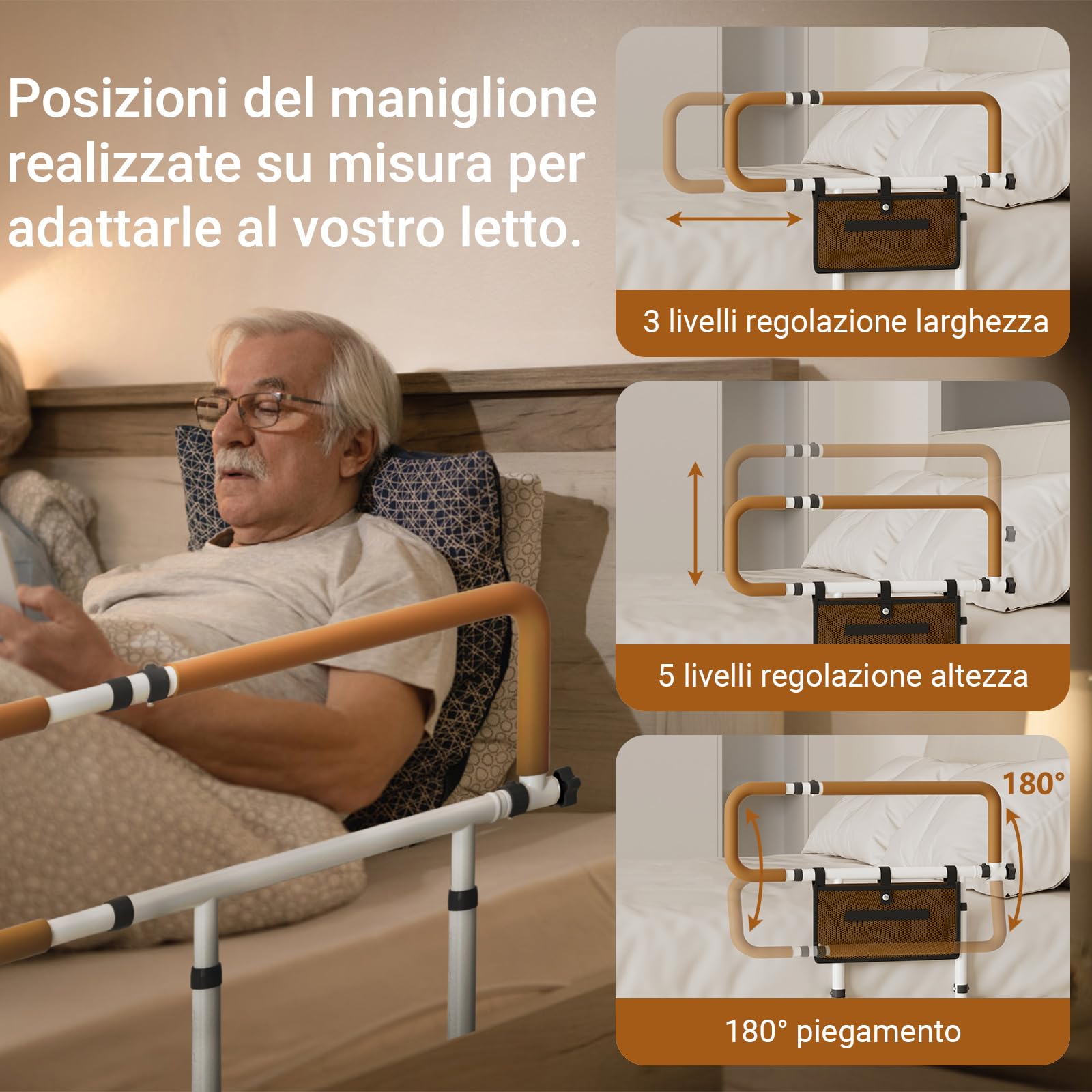 Sponda Letto Anziani Anticaduta - Ausili per Alzarsi Dal Letto piegabile a 180°, Regolabile in Altezza e Larghezza con Sacchetto di Rientro, per Anziani, Incinte e Disabili