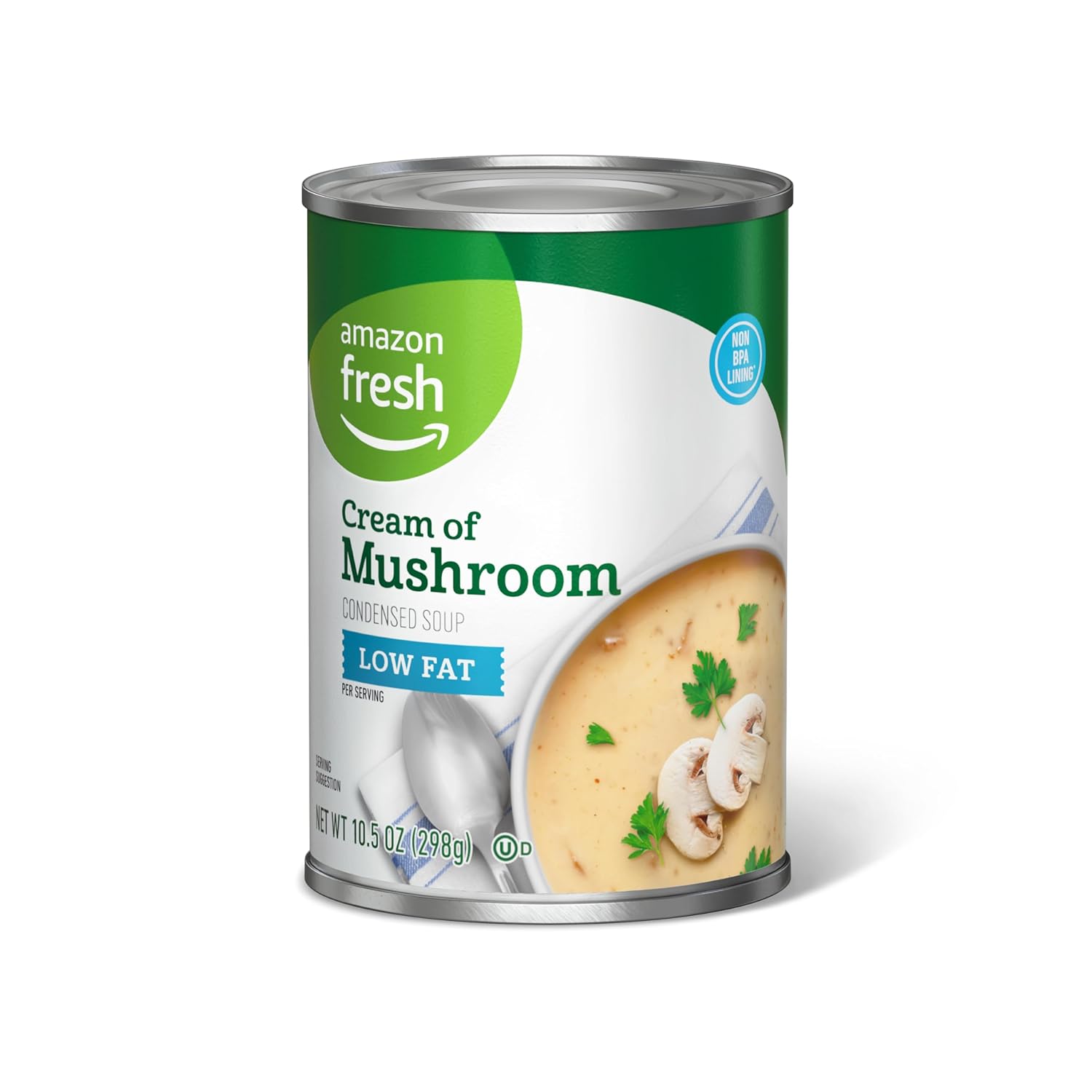 Amazon Fresh, Condensed Low Fat Cream Of Mushroom Soup, 10.5 Oz (Previously Happy Belly, Packaging May Vary) Amazon Fresh, Condensed Low Fat Cream Of Mushroom Soup, 10.5 Oz (Previously Happy Belly, Packaging May Vary)