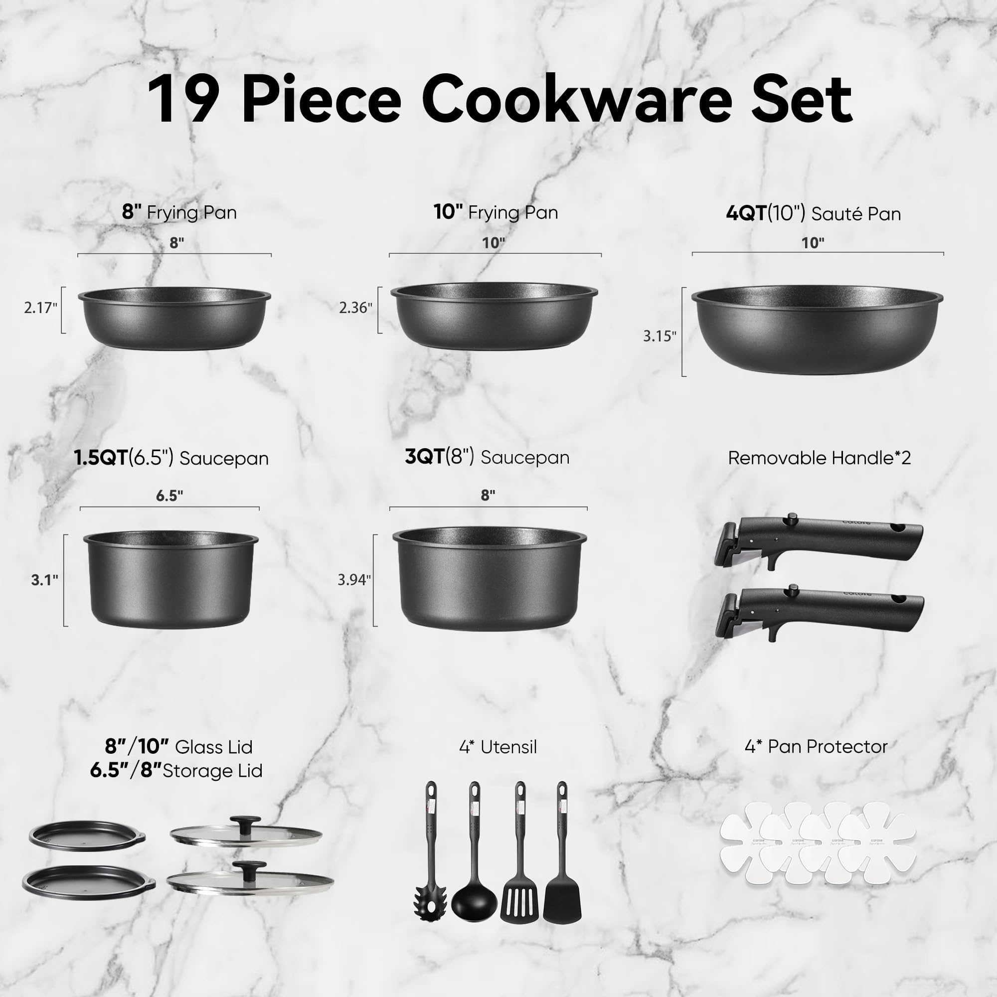CAROTE Set da 19 pentole e padelle antiaderenti, con manico staccabile, set da cucina a induzione antiaderente con manico rimovibile, adatto per camper, adatto al forno, nero