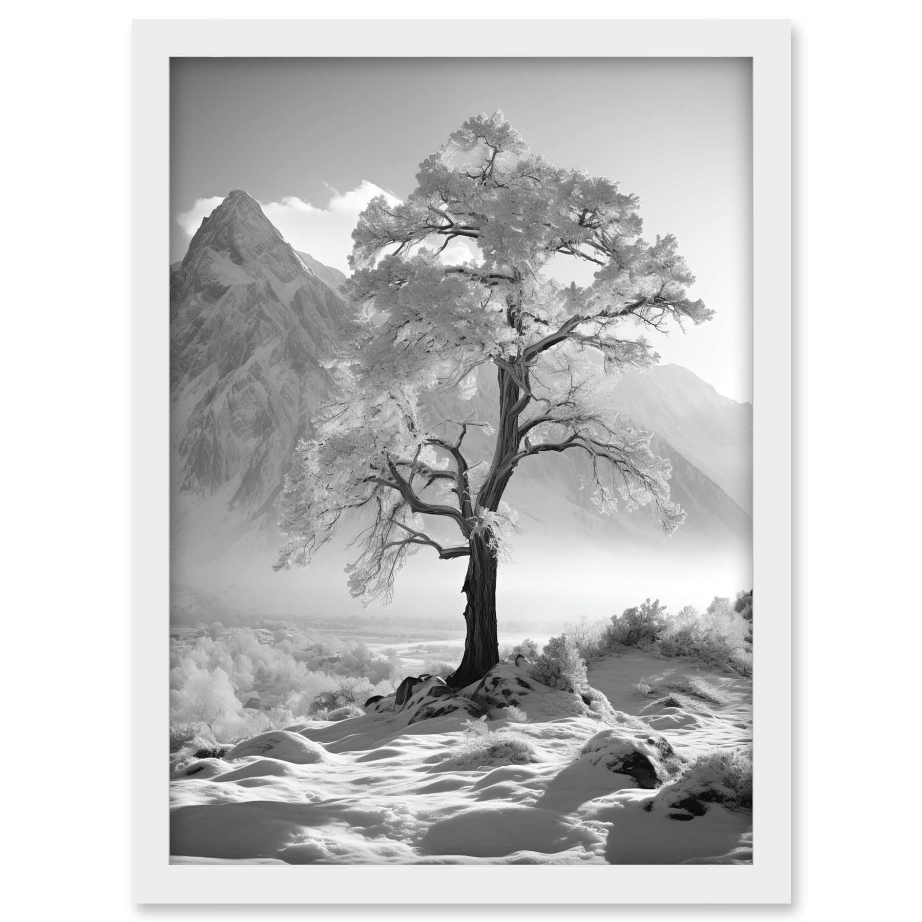 Artery8 Frozen Tree in Snowy Mountain Landscape Bright Black and White Photograph Winter Sunrise Crisp Morning Light Artwork Framed A3 Wall Art Print