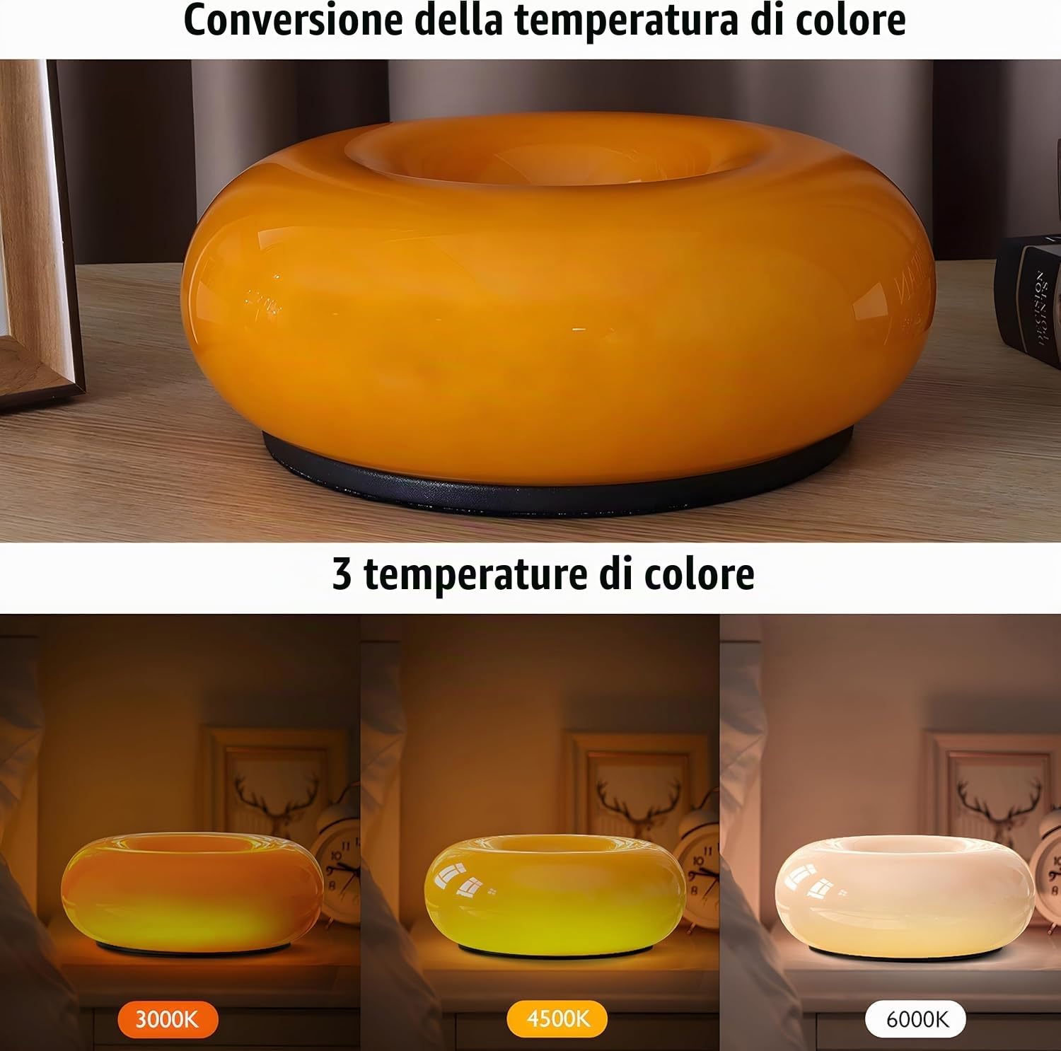 OOWOKS Lampada a ciambella, lampada da tavolo a LED a forma di ciambella, arancione, a batteria, ricaricabile tramite USB, touch control, dimmerabile, 3 temperature di colore, lampada da comodino