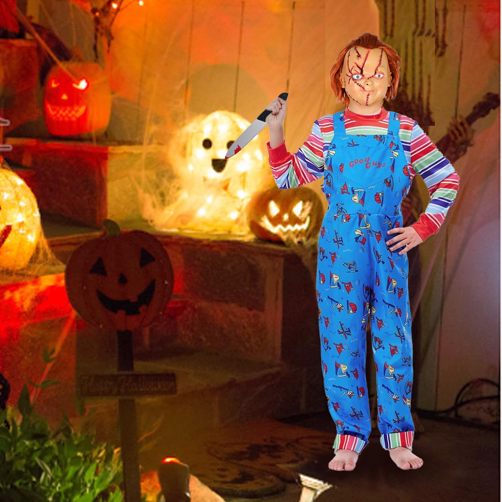 Chucky Costume per bambini, tuta Chucky con coltello adesivo per Halloween, Carnevale, Horror Killer, cosplay, ragazzi e ragazze