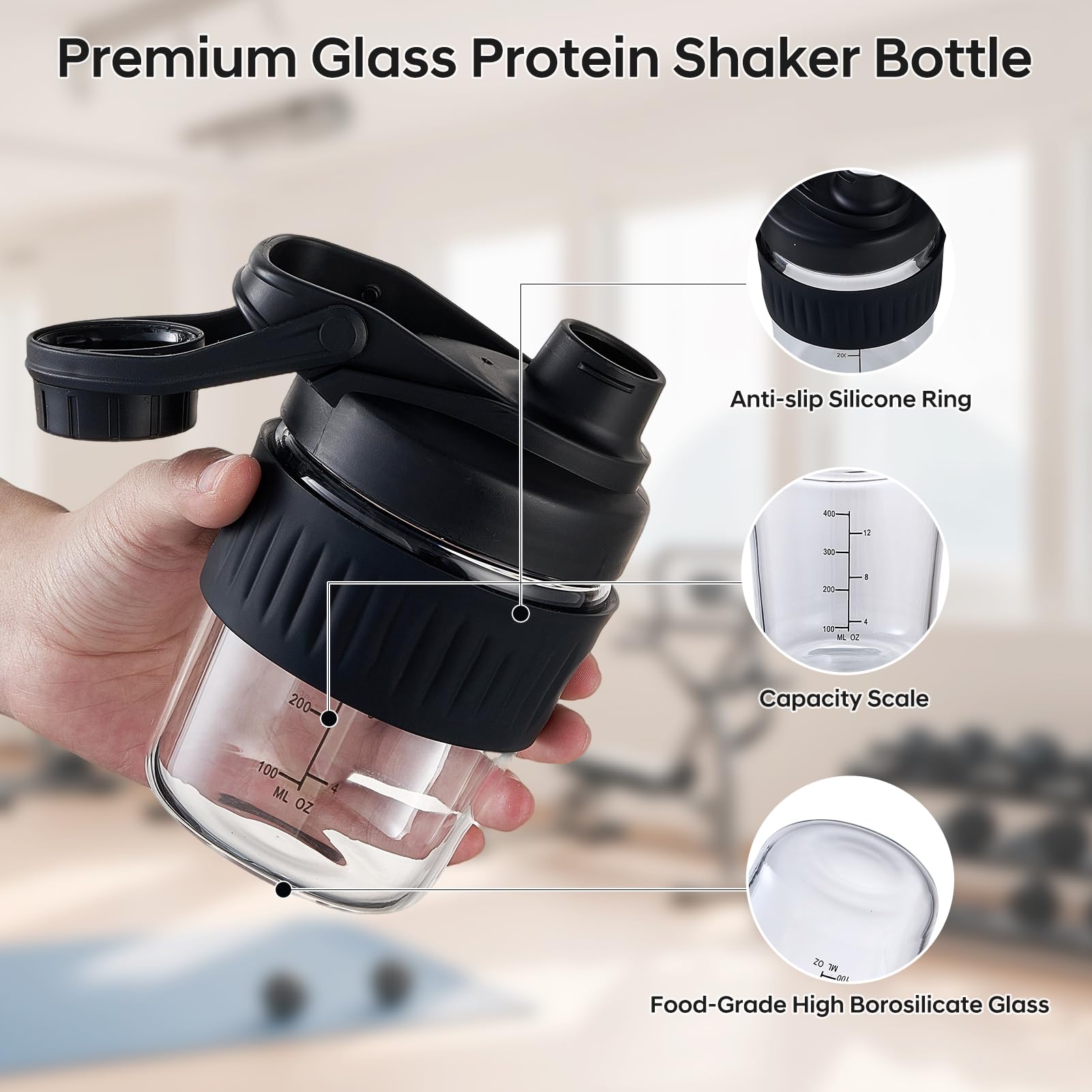 12oz Glass Shaker Bottle for Protein, 2 Pack Small Borosilicate Glass Protein Powder Leak-Proof Shaker Cup Mixes with 304 Blending Ball(12oz,Black) - 3