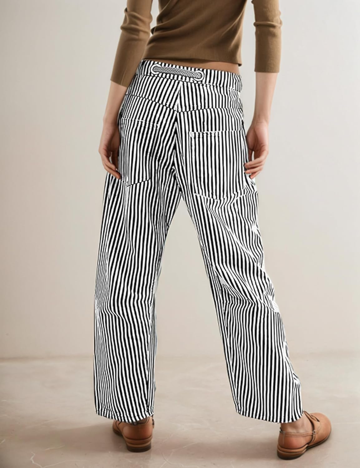 Barrel Jeans for Women Striped Drawstring Patchwork Pants Wide Leg Boyfriend Denim Pants - Image 2