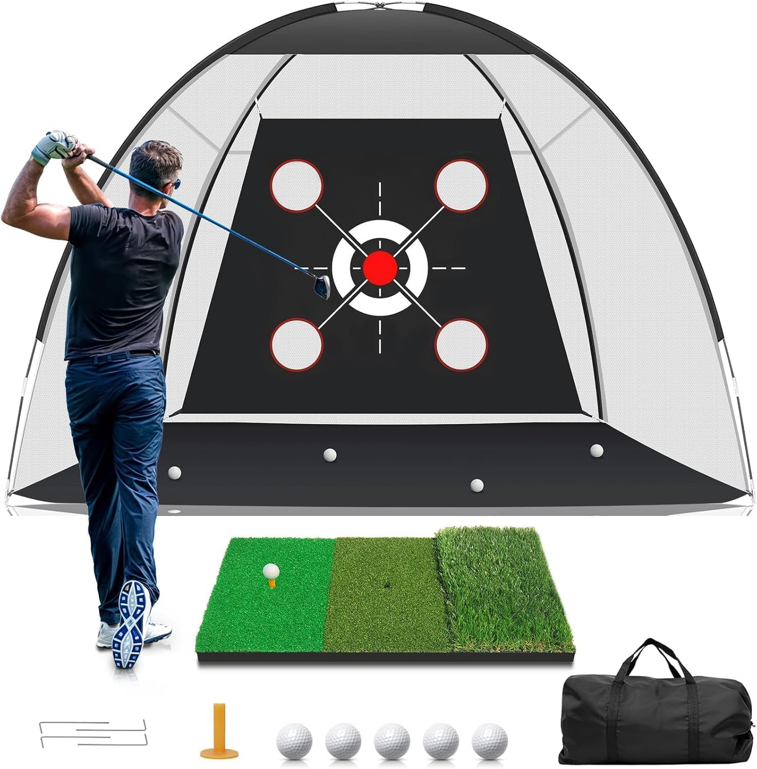 Red de entrenamiento de golf de 10 x 7 pies con colchoneta. Juego completo de entrenamiento de golpes y chipping para interiores y exteriores, incluye alfombrilla de objetivo y pelotas para hombres