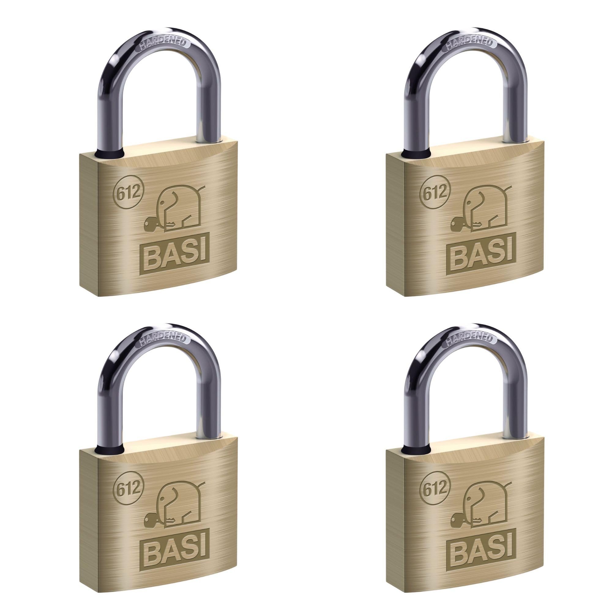 BASI | Vorhangschloss 4er Set | 40 mm | mit Wasserstopp | gleichschließend | massives Messing-Gehäuse | gehärteter Stahlbügel | stabiles Vorhängeschloss | Bügelstärke 6 mm | 4 Stück