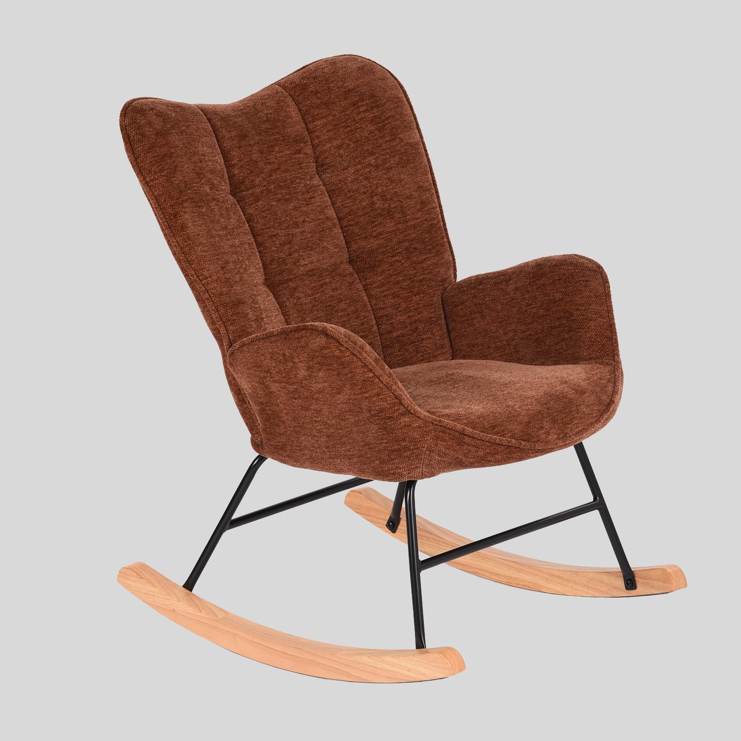 MEUBLE COSY Sedia a Dondolo Poltrona Imbottita Relax con Braccioli Schienale in Tessuto con Gambe in Legno per Soggiorno Cameretta Balcone, Rosso, 62x75x87cm