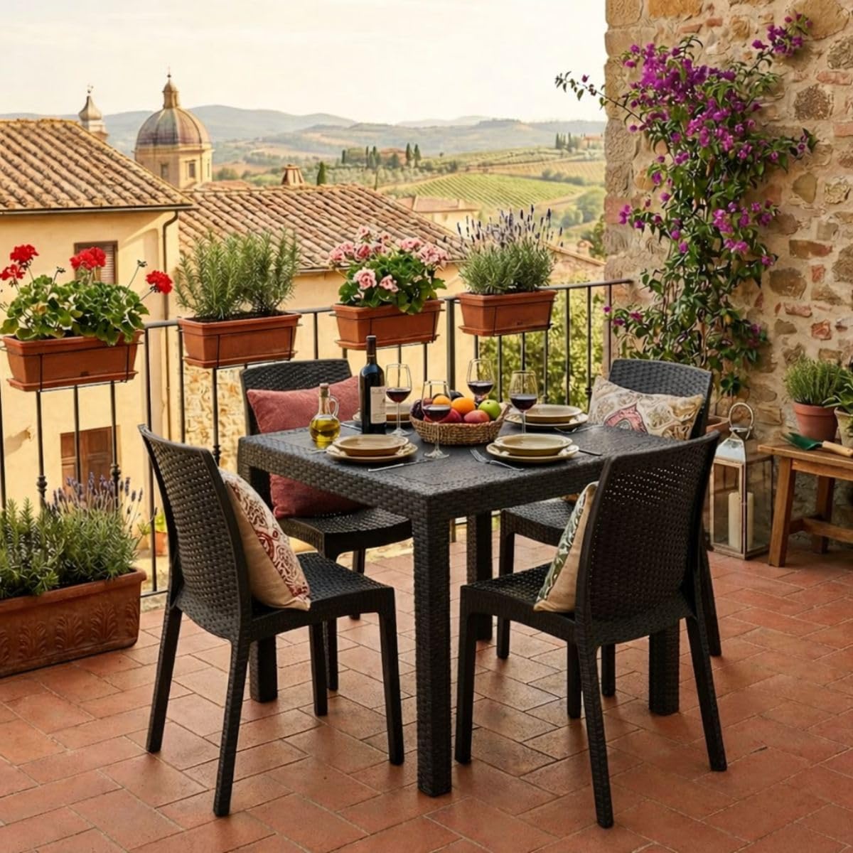 Tomaino - Set Tavolo e Sedie per Esterno in Plastica Effetto Rattan - Set Elba 1 Tavolo Quadrato con 4 Sedie Impilabili da Giardino, Terrazzo, Balcone per Bar e Ristoranti