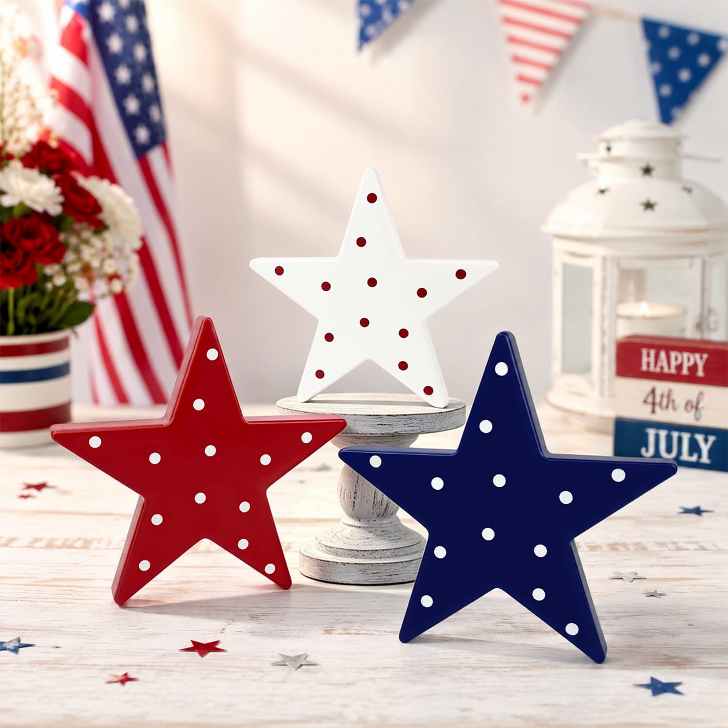 4th of July Table Decorations 3 PCS, Patriotic Red White Blue Americana Wooden Star Centerpiece Decor for Indoor Home, Fourth of July Memorial Independence Day Gift Signs for Mantel Office Tiered Tray