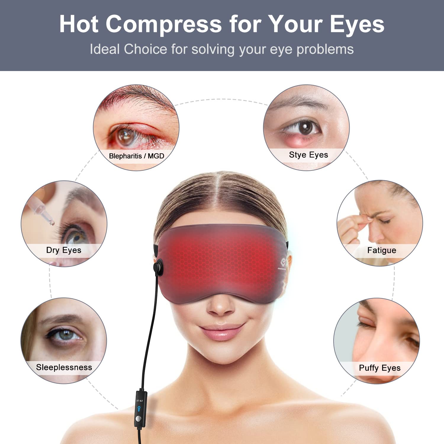 PJYU Maschera per occhi riscaldata, impacco caldo per occhi, maschera termica umida con fascia in velcro per trattamento blefarite e occhi secchi, 3 livelli di calore regolabili, lavabile e