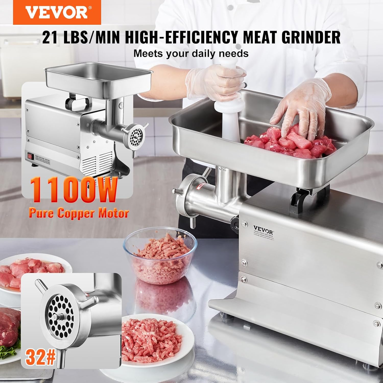 VEVOR Meat Grinder, 1.47 HP 1100W, 21 Lbs/Min Electric Meat Grinders with Blade, Grinding Plate, Sausage Maker, Stainless Steel Commercial Meat Mincer for Kitchen Restaurant Butcher Store, ETL Listed