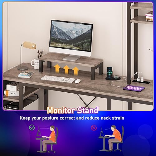 Miniatura 5 de Escritorio para juegos en forma de L con gabinete, escritorio de oficina en casa de 95.3 pulgadas con toma de corriente y luces LED, escritorio