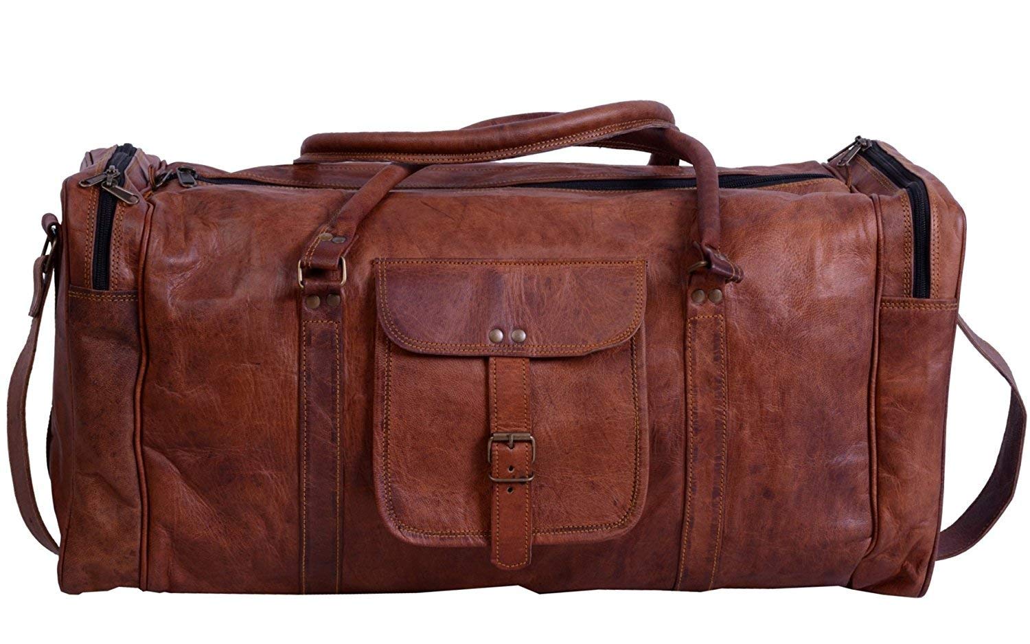 Handolederco. Borsone quadrato in pelle, 61 cm, da viaggio, palestra, sport, durante il weekend