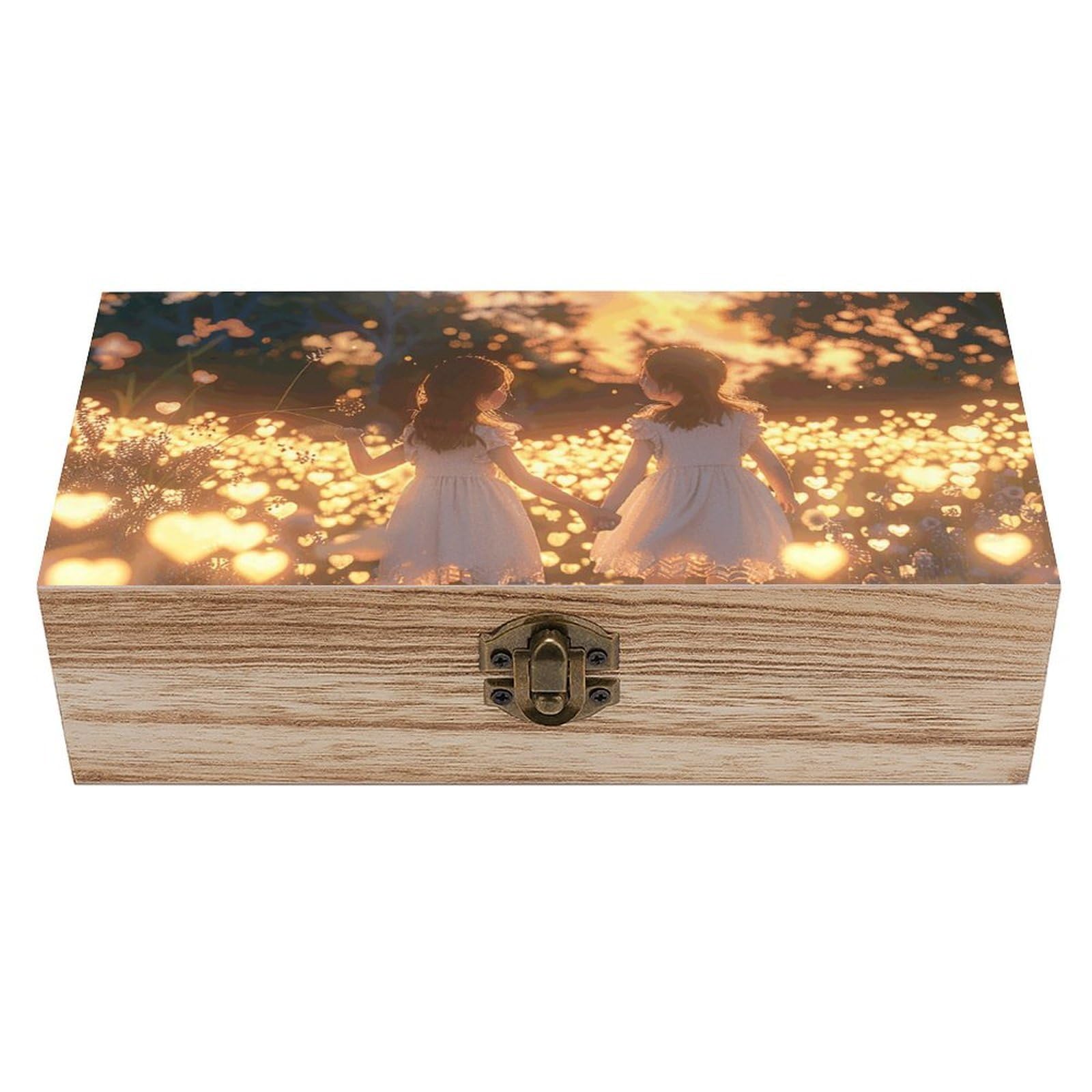 HLBSDM Vintage Wooden Storage Box Girls Holding Hands Keepsake Box for Jewelry Photos Letters Elegant Desktop Organizer for Home Office Decor