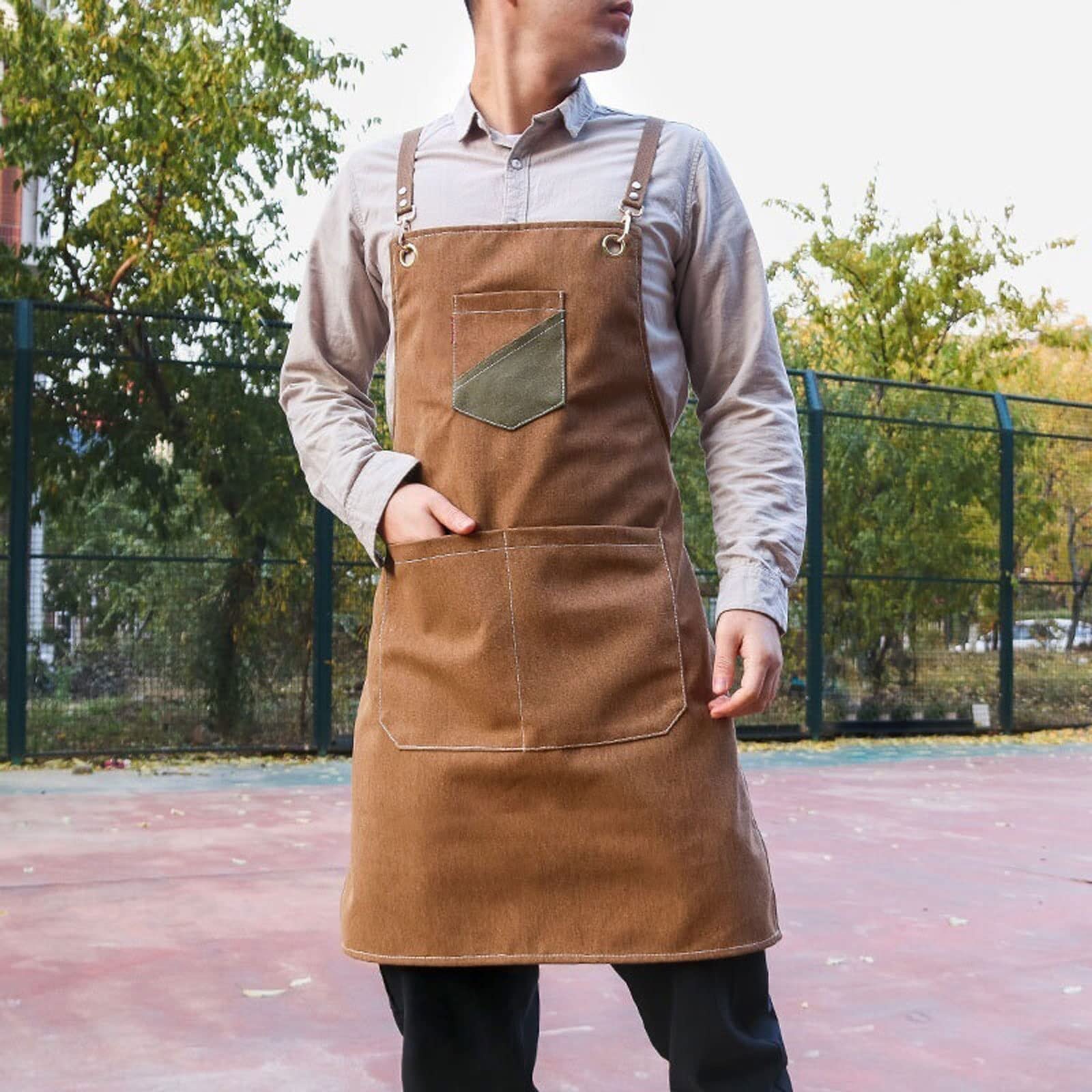 Grembiule da Cuoco con Bretelle Incrociate, in Tela, con Bretelle Regolabili, Tasche Grandi, per Cucinare, per Donna, per Uomo, per Bar, per Latte, per tè, per Fiori, per dipingere (Grigio)