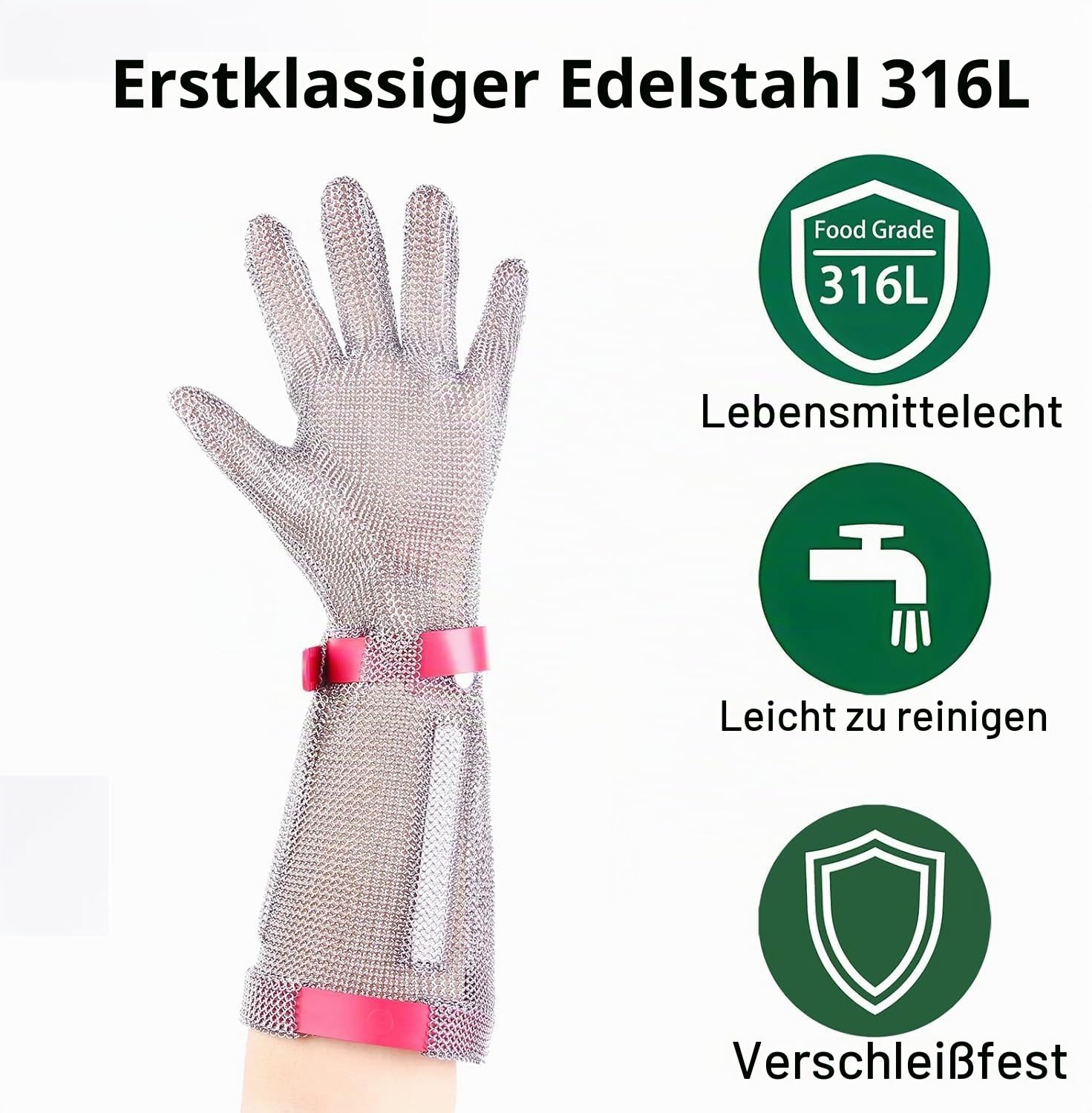 Profi Kettenhemd Handschuh aus Edelstahl, 15cm Lang, Schnittfest mit Kunststoffriemen, für Metzger und Fleischverarbeitung (L)