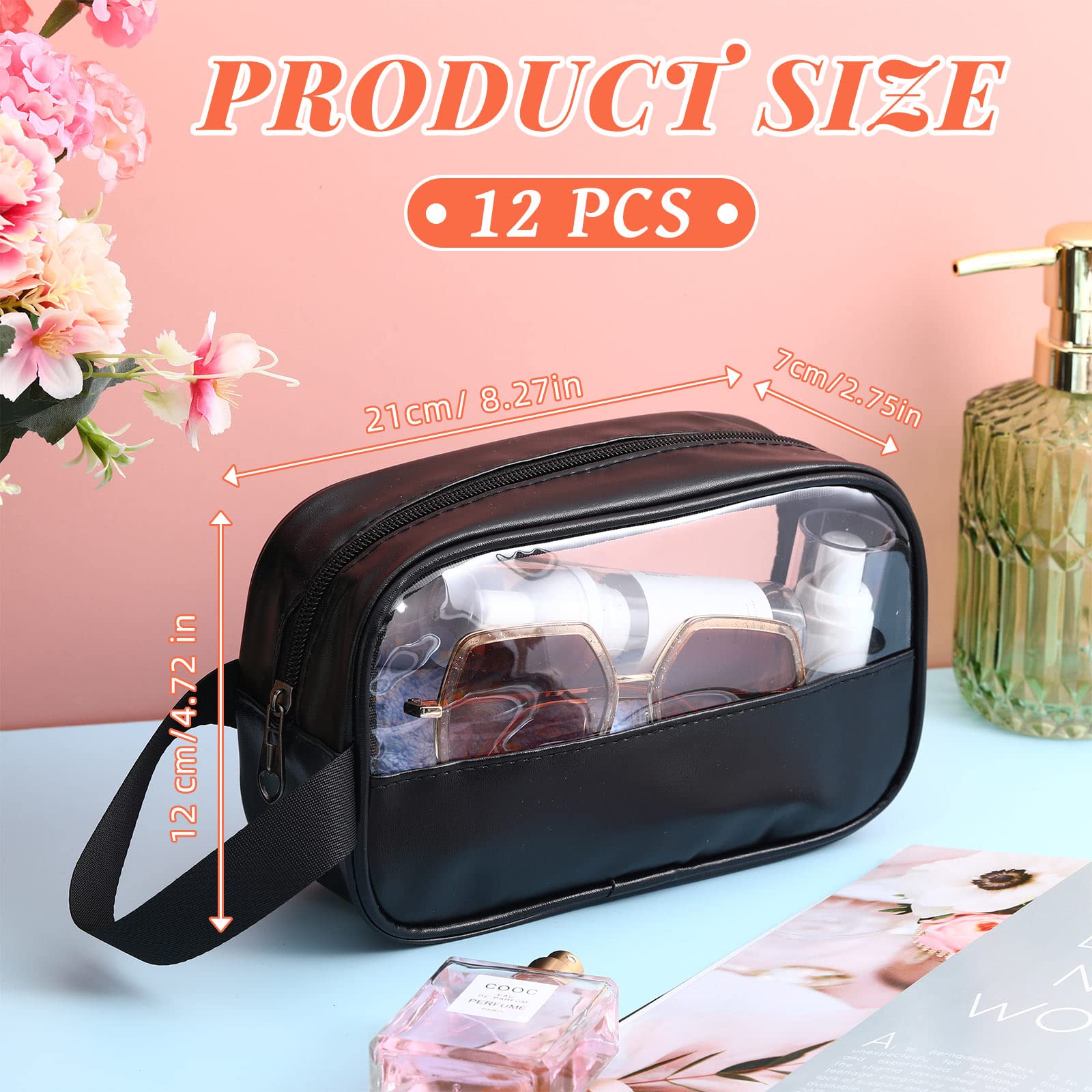 Buryeah 12 Pieces Toiletry Bag for Women Men Translucent Small Travel Makeup Pouch Portable Waterproof Organizer Set for Accessories Toiletries(Black)