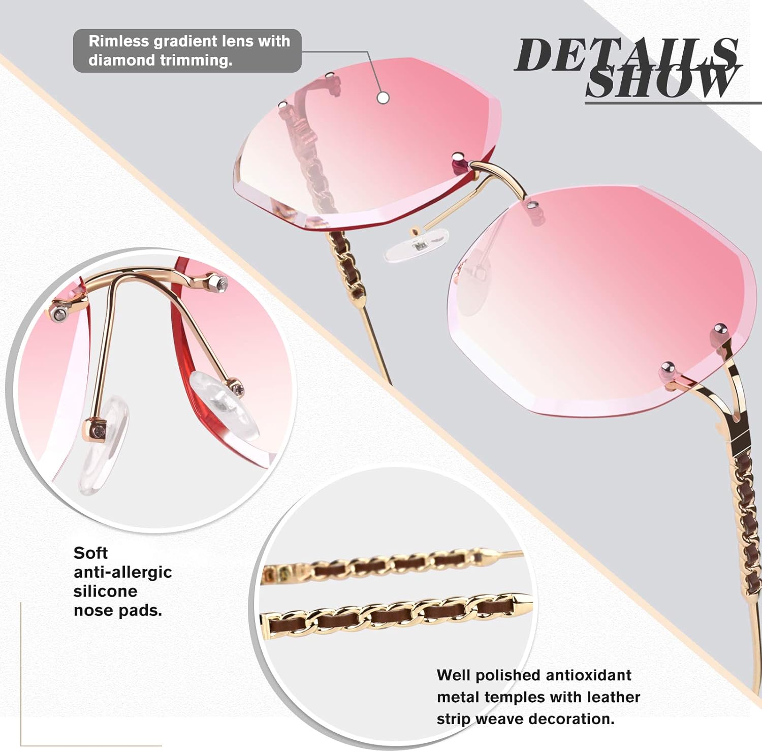 Miniatura 3 de Oversized Sunglasses for Women Trendy Rimless Ladies Shades 100 UV Protection70s Fashion Gradient Shades for Women