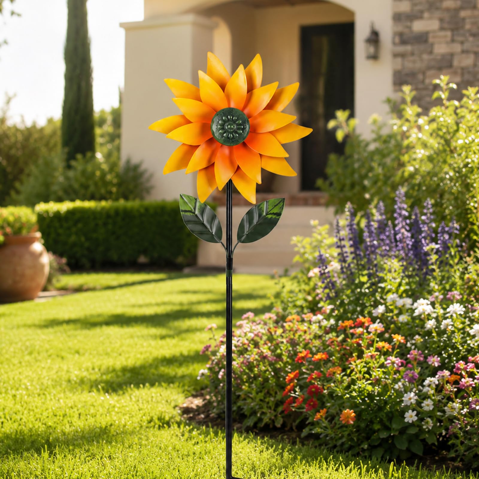 Girandola da Giardino in Metallo, Girandola 3D a Girasole Cinetica, Decorazione da Giardino con Picchetto, 116 cm, Mulino a Vento per Esterno, Prato, Balcone e Terrazza