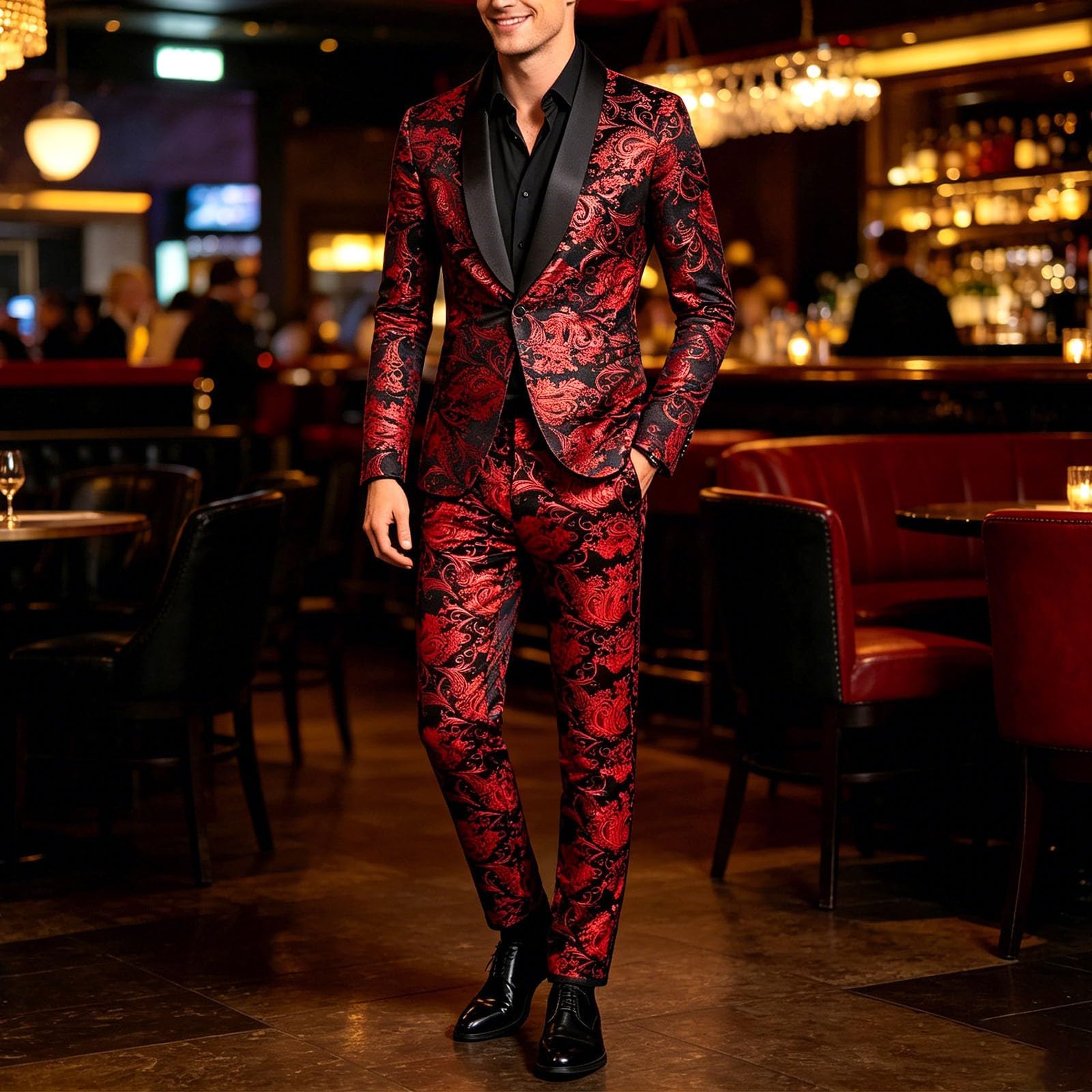 Generisch Tuta da uomo, 2 pezzi, classico, oro floreale, jacquard, slim fit, per matrimonio, ballo, smoking, casual, giacca e pantaloni, motivo cachemire, smoking, per matrimoni e feste