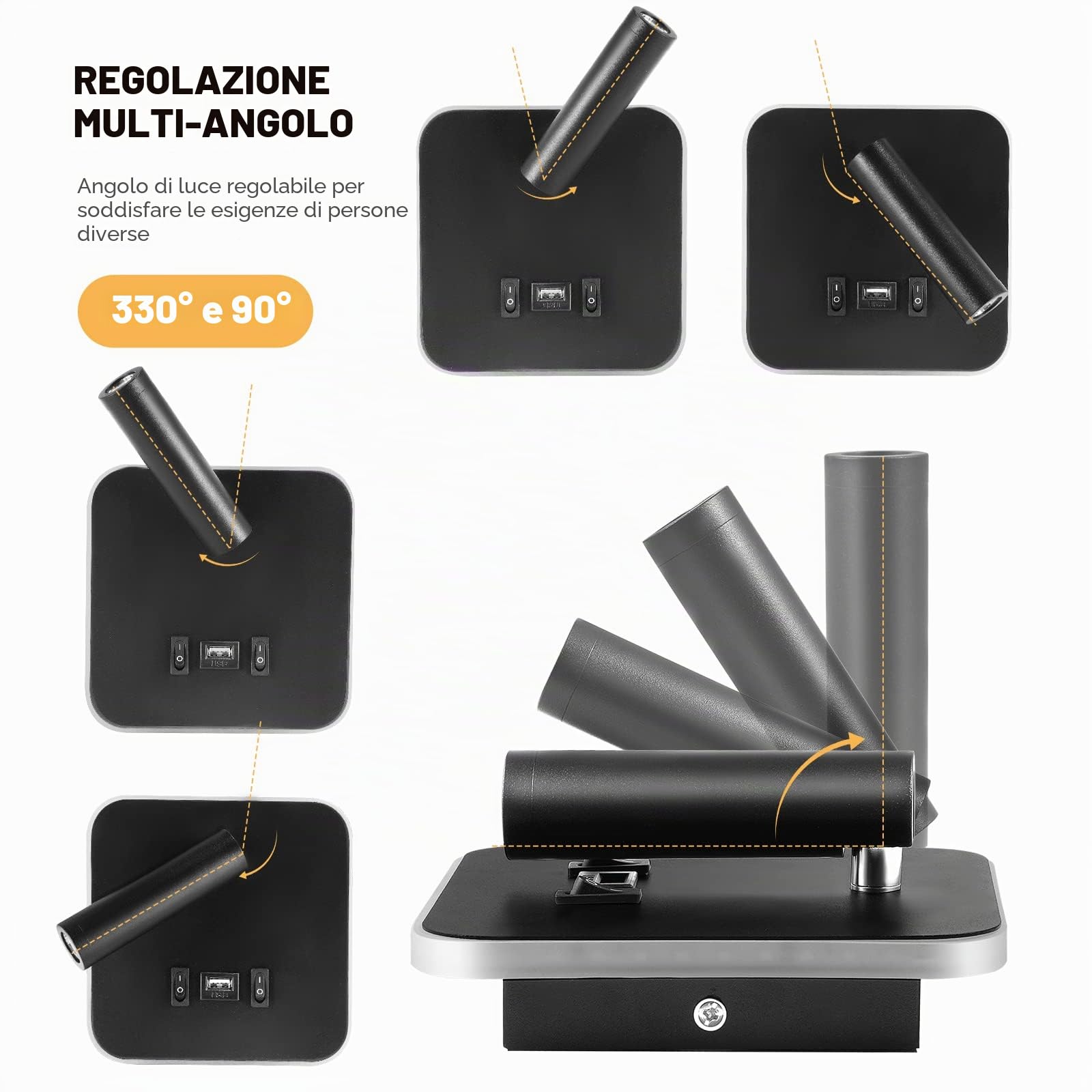 Applique da Parete da Lettura sul Comodino 3W + 9W 3000K, Lampada da Parete a LED con Porta di Ricarica USB e Interruttore, Faretto Regolabile per Camera da Letto Scale Salotti Hotel(quadrato 2 nero)