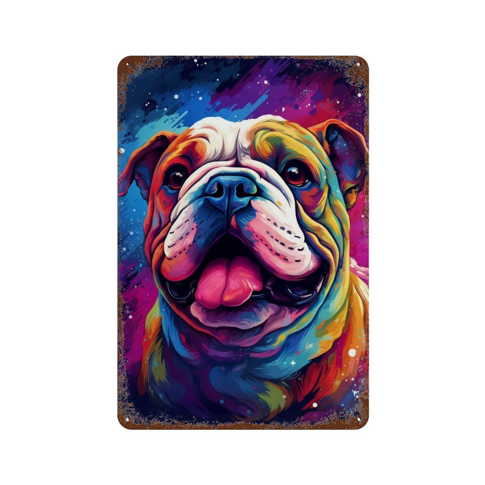 Colorful Bulldog Art Print-7 Weathered Tin Sign 11.8"x7.9", Farmhouse Wall Decor for Garage, Pub Or Kitchen