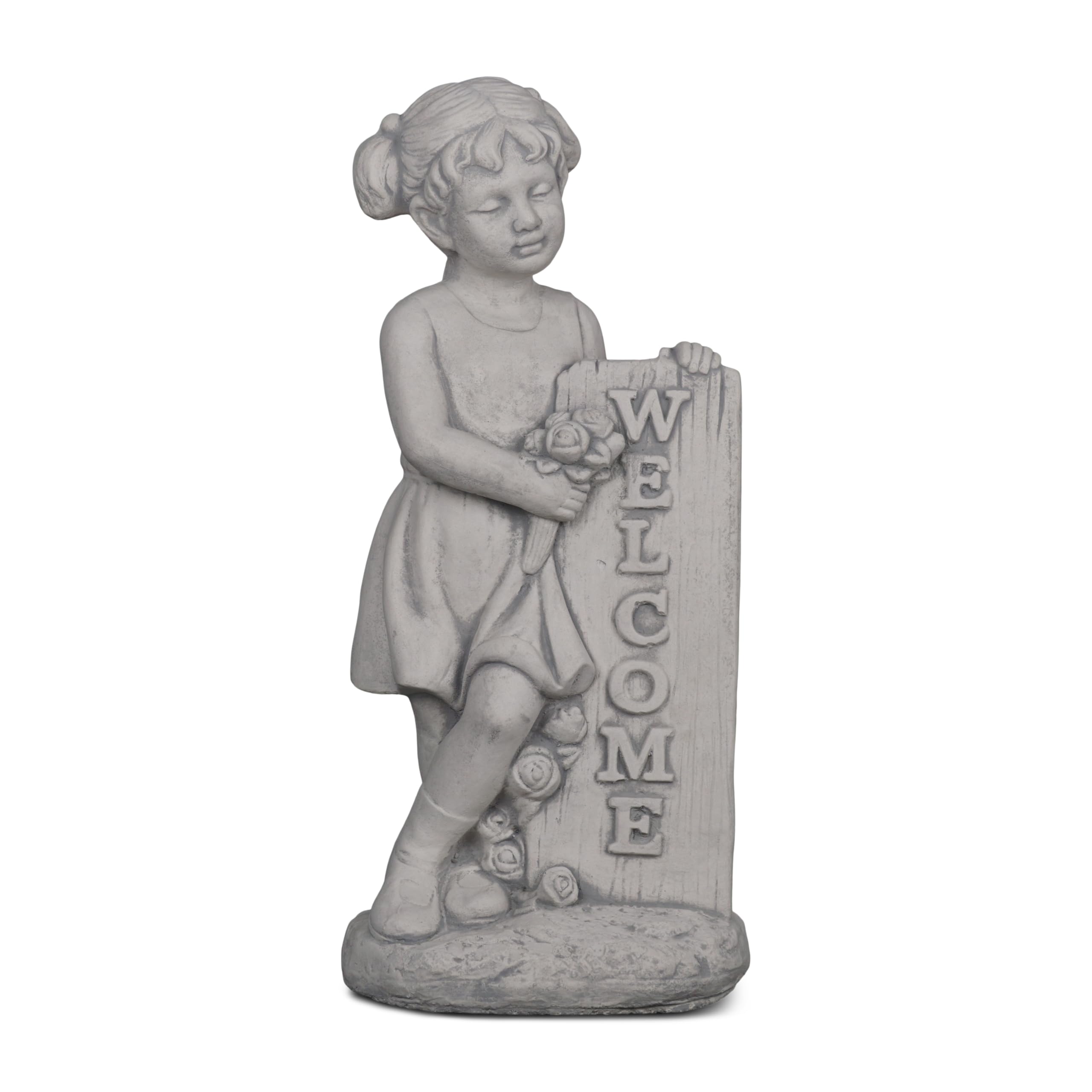 gartendekoparadies.de Kamienna figurka dziewczynki z tabliczką Welcom, szara, biały beton, 60 cm, 22 kg, odporna na mróz, dekoracja ogrodowa do wejścia