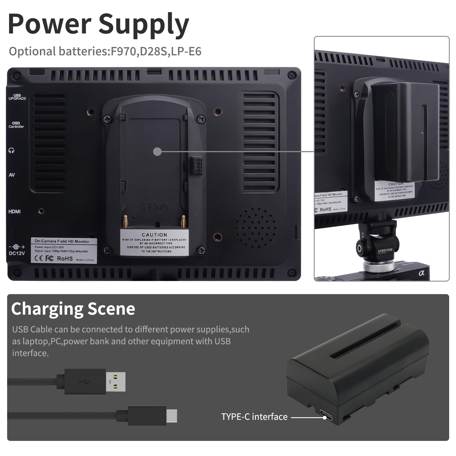 FEELWORLD FW759 7 Pouces Moniteur de Terrain,Moniteur de Terrain 1280X800 IPS DSLR avec vidéo Entrée HDMI Full HD Focus 4K Sortie Étui de Stockage de la Batterie 2800mAh