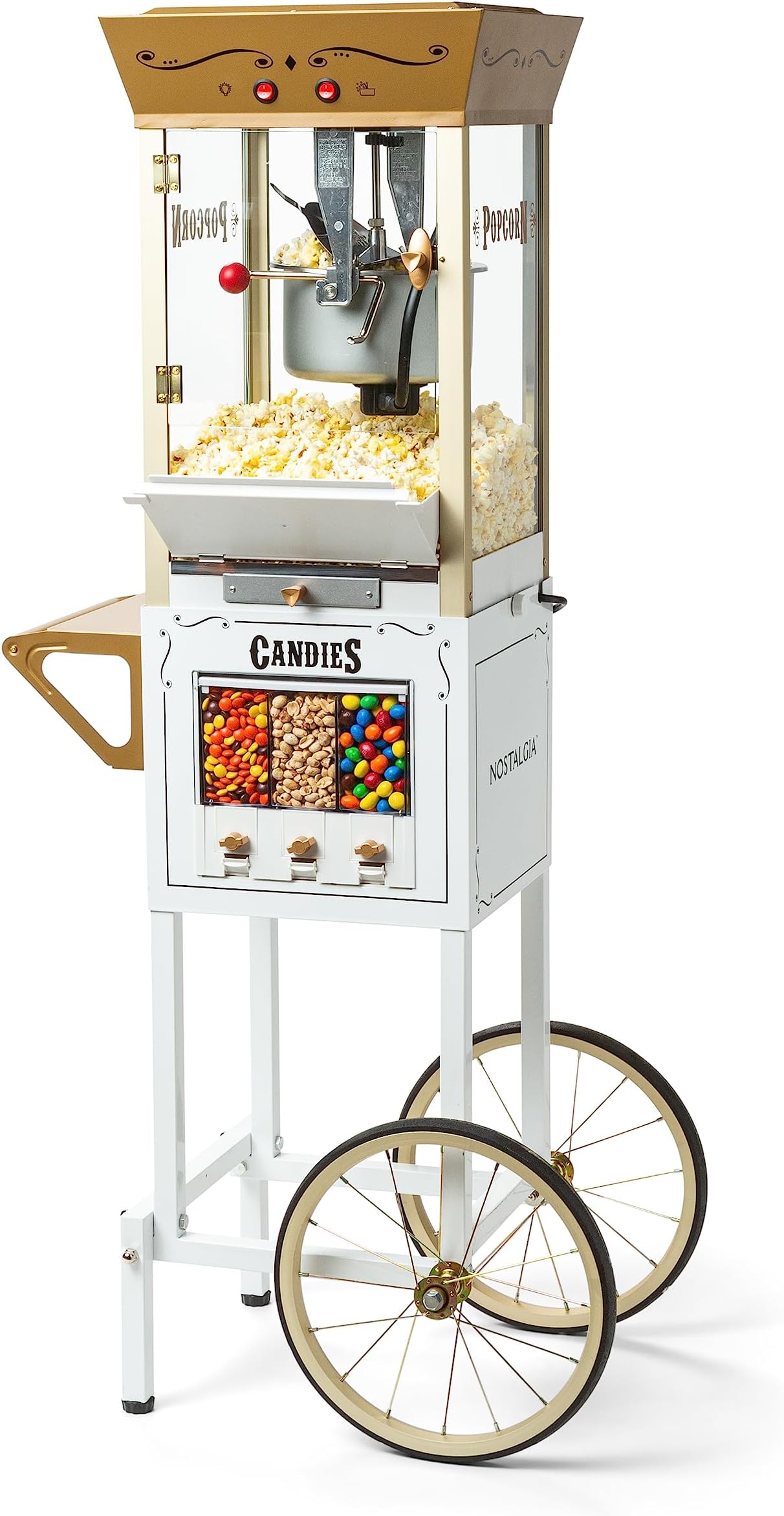Vintage 8 Ounce Professional Popcorn and Dispensing Cart, Makes Up to 32 Cups, Three Storage Dispensers for Kernels, Candy, Nuts, Chocolate, Measuring Spoons and -Scoop Included