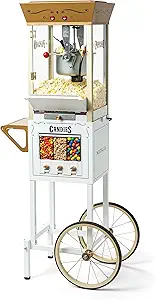 Vintage 8 Ounce Professional Popcorn and Dispensing Cart, Makes Up to 32 Cups, Three Storage Dispensers for Kernels, Candy, Nuts, Chocolate, Measuring Spoons and -Scoop Included