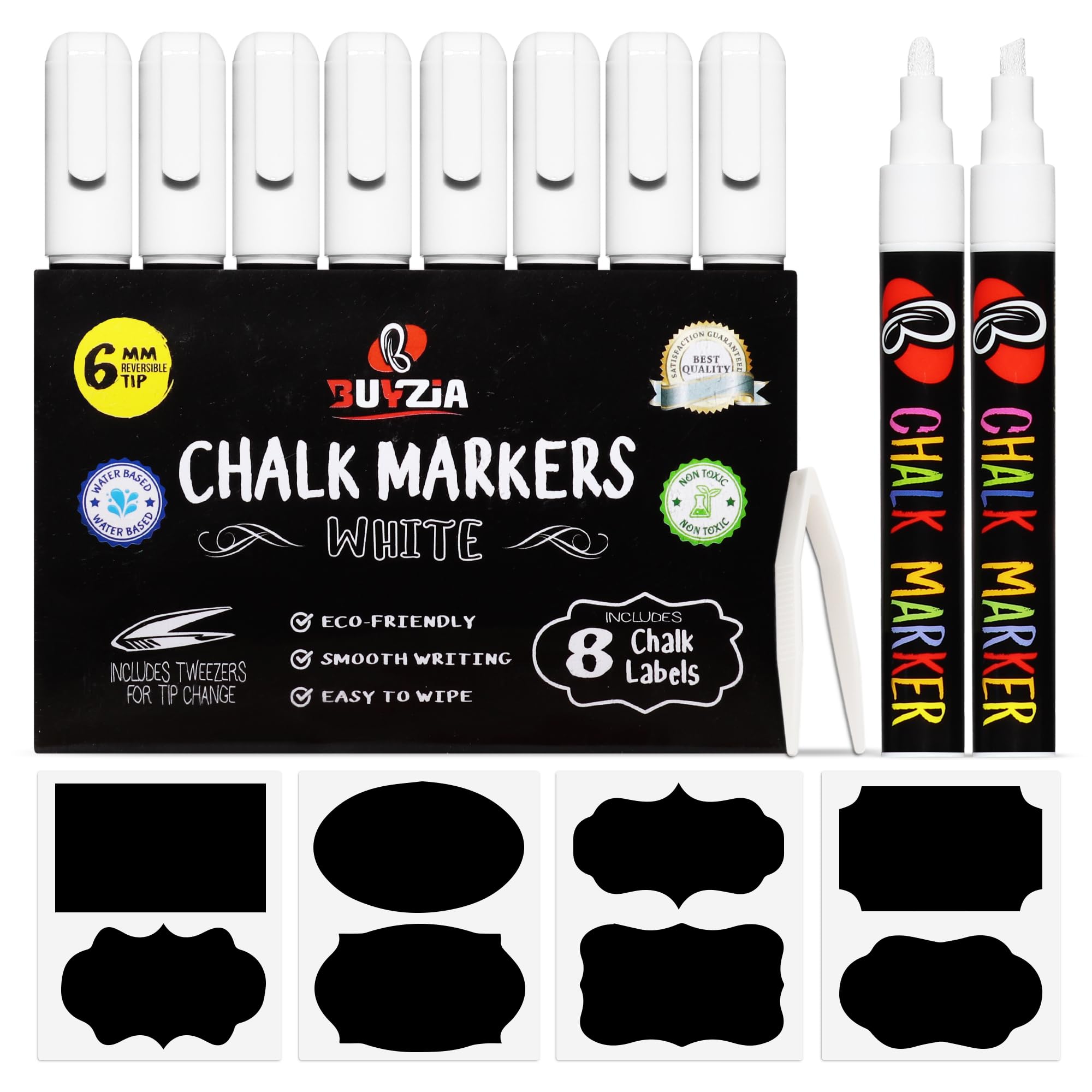 BUYZIA Liquid Chalk Markers - 8 Pack White Chalk Pens, 6mm Reversible Nib - Chalkboard Pens for Blackboards, Windows, Glass, Signs & Art - Wet Wipe Erasable