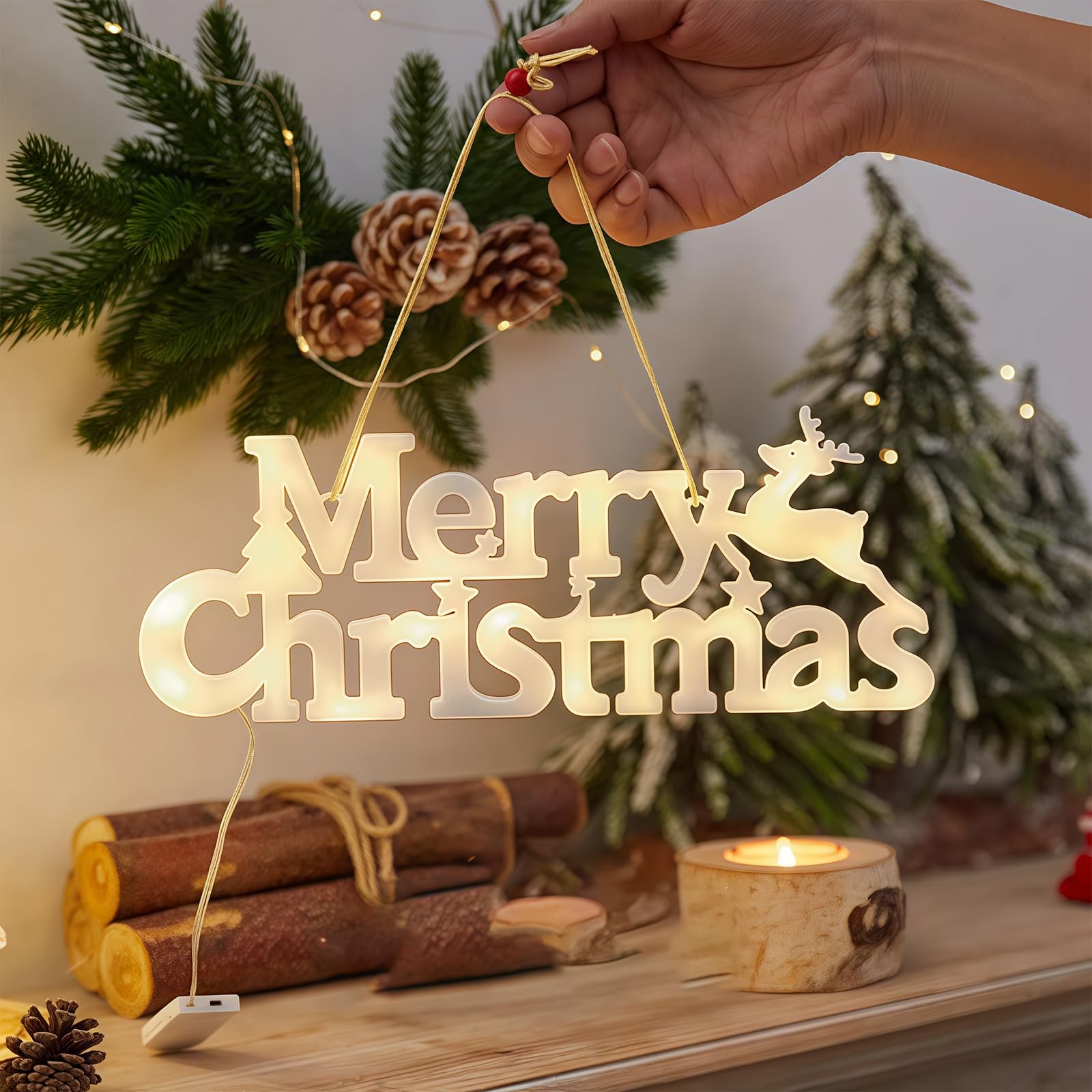 Merry Christmas Sign Light Up Christmas Decorations for Wreath LED Hanging Window Decorative Light Glowing Letter Sign for Xmas Tree Wall Door Fireplace Indoor Outdoor - Image 4