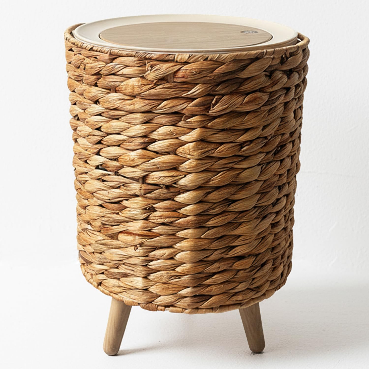 Yatmung 2.3 Gallon Wicker Trash Can - Boho Bathroom Trash Can with Lid - Natural Water Hyacinth Waste Basket for Bedroom, Living Room, Office - Removable Liner - Rattan Garbage Can with Wooden Leg