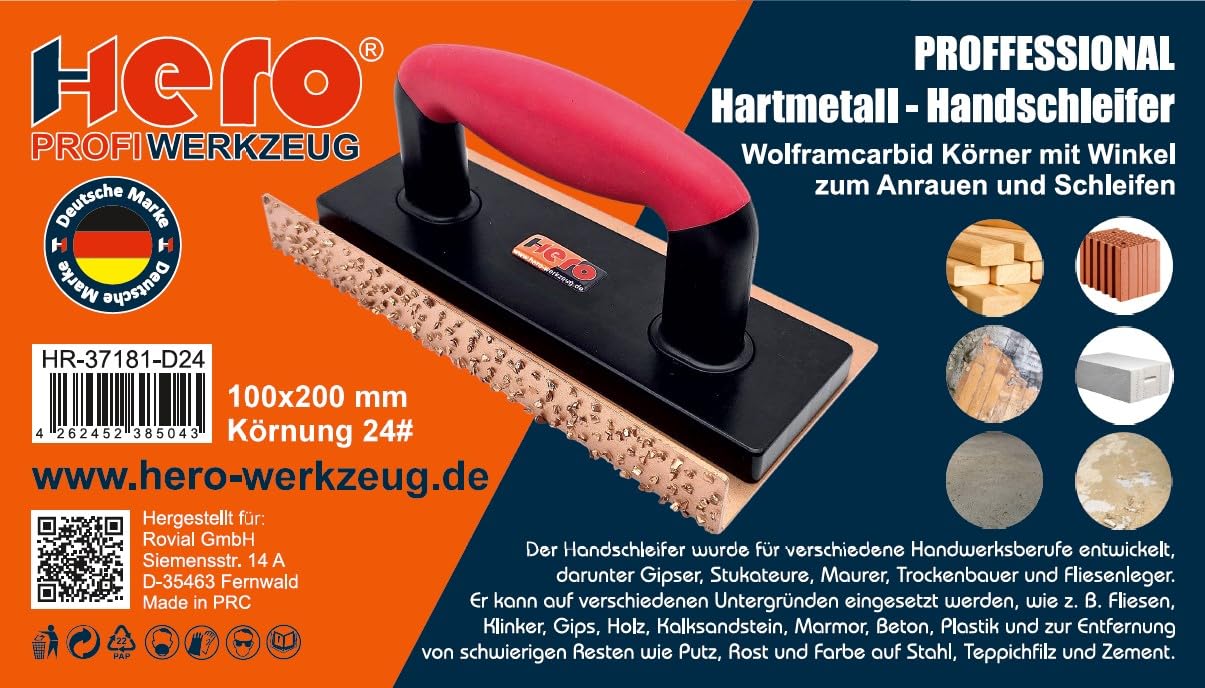 HERO Hartmetall Handschleifer Schleifbrett | HM-Splittfläche MITTEL K24 | Schleifklotz mit abgewinkelter Seite | Raspel aus Wolframcarbid zum Anrauen & Schleifen von Beton, Putz, Holz, Mauerwerk