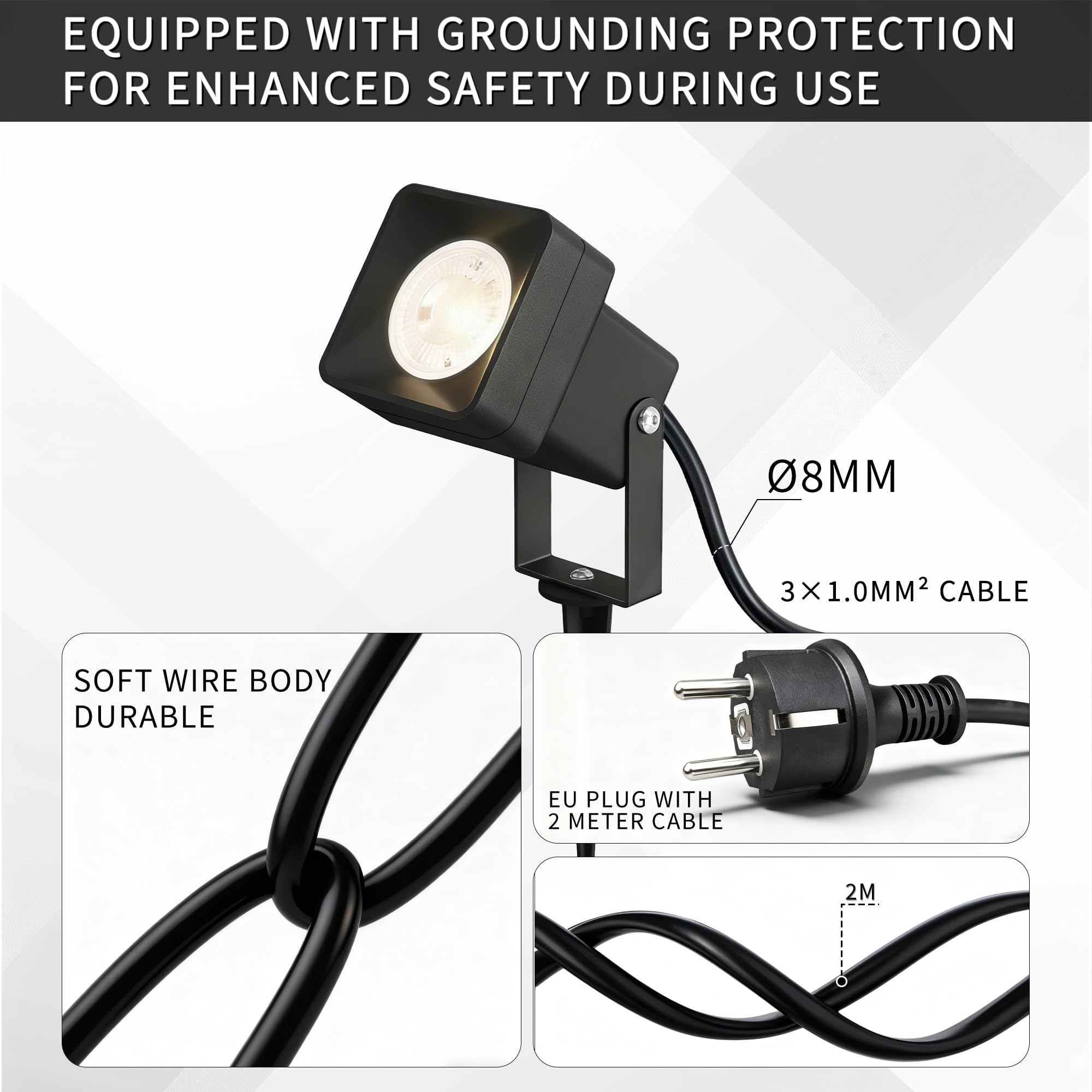 JNR 4 Pack Gartenstrahler LED Außen IP65 Wasserdichte, Aluminium Gartenleuchten mit Strom 5W GU10 3000K Warmweiß Glühbirne, 2m Kabel mit Stecker Gartenbeleuchtung mit Strom, Schwarz