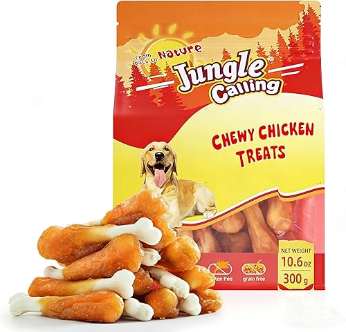 Jungle Calling Chewy Chicken Dog Treats - Golosinas para perros sin cuero crudo y hueso de calcio, dientes limpios y frescos para entrenamiento de