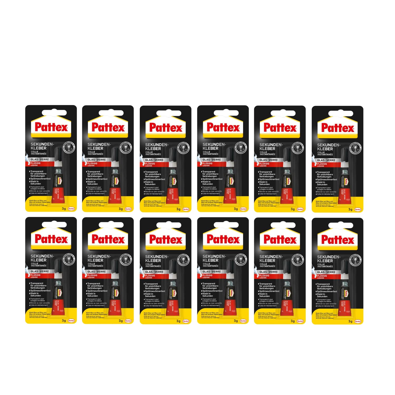 Pattex Sekundenkleber Flüssig, spülmaschinenfester Superkleber für viele Sofortreparaturen, schnelltrocknender farbloser Flüssigkleber, 12 x 10g