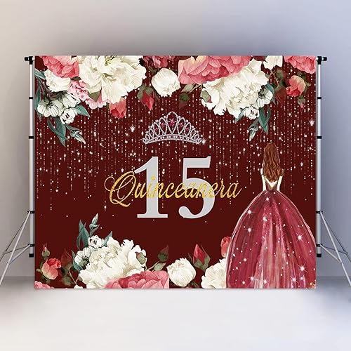 Telón de fondo de feliz cumpleaños 15 para niña, quinceañera, 7 x 5 pies, corona de flores rojas burdeos, corona, princesa, decoración de fiesta de