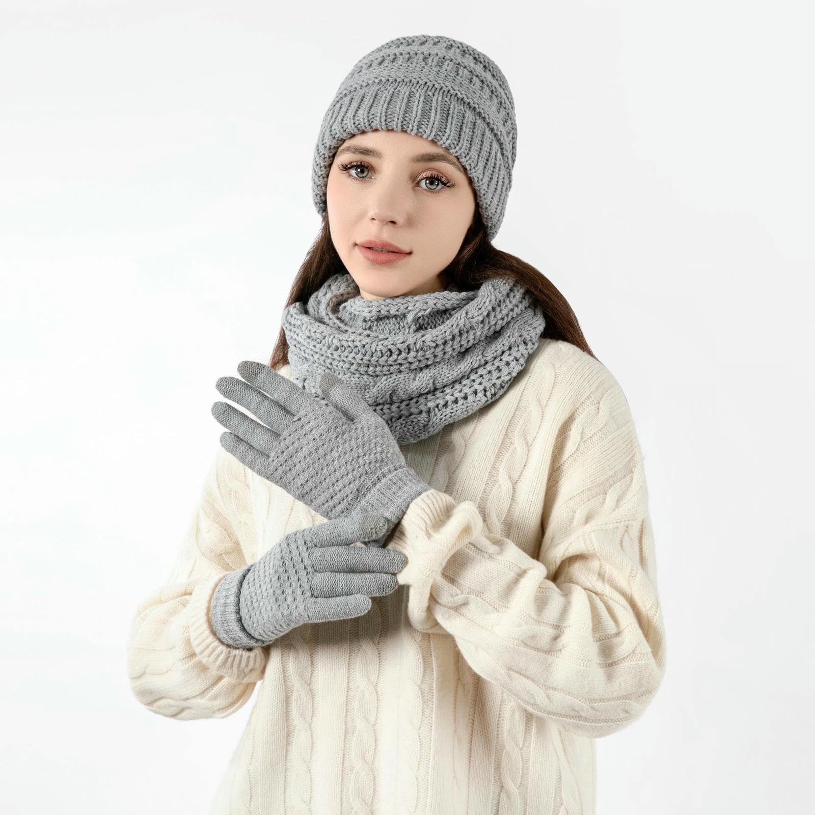 Mütze Schal und Handschuhe Winterplüschiges Verdicktes, Wind- Kältebeständiges Dreiteiliges Set Aus Gestrickter Wollmütze, Handschuhen-dunkelgrau