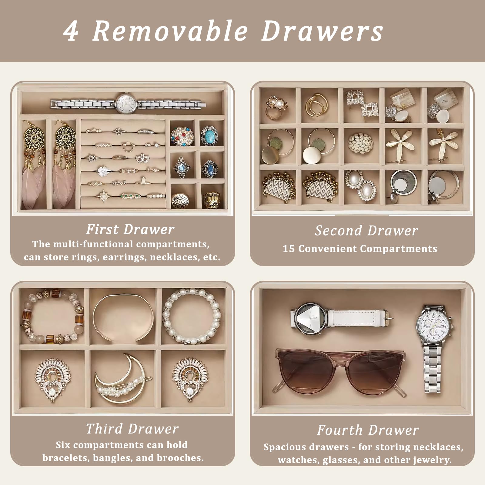 Boîte à Bijoux, [4 Niveaux] Femme Boite à Bijoux avec 3 Tiroirs, pour Couvercle Transparent, Grande Boîte à Bijoux en Cuir pour Colliers, Bracelets, Idée Cadeau, Style Moderne (Blanc)