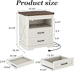 Yusong Antique White Nightstand with Invisible Lock, Barn Style Night Stand with Charging Station, Rustic Beside Table with Drawers and Open Shelf, Farmhouse Side Table for Bedroom