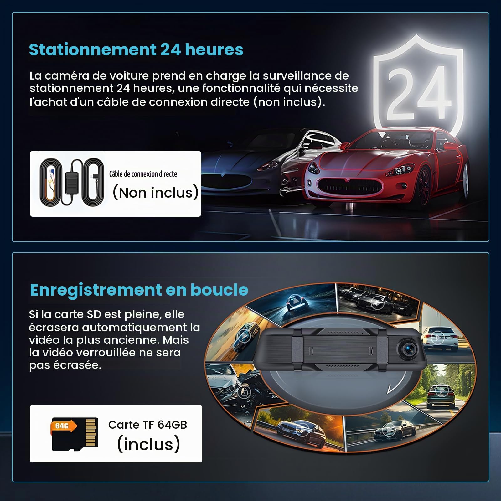 Inefala Dash Cam Rétroviseur 9,66 Écran Tactile 4K WiFi&APP GPS Carte 64 Go
