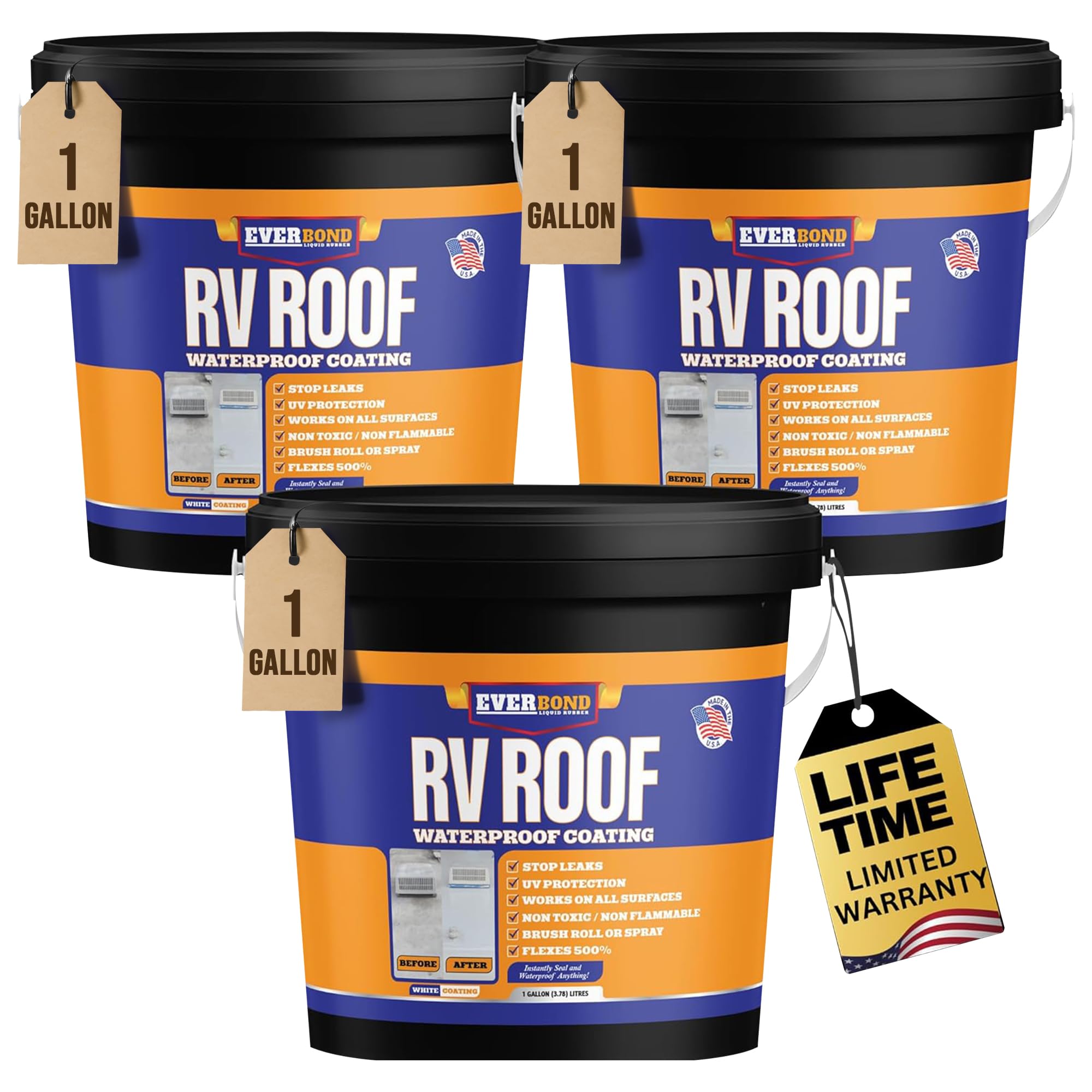 Everbond RV Roof Coating, Solar Reflective RV Roof Sealant, Waterproofing for Campers, Trailers, RVs, White, 3 Gallons