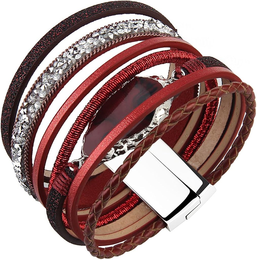 COOLLA Braided Wrap Bracelet Agate Stone Crystal Leather Cuff Bangle Women Bracelet (Red leather bracelet): Clothing, Shoes & Jewelry