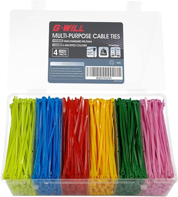 Coloured Cable Ties Heavy Duty 100mm x 2.5mm (480 Pack, Multicolour - 6 Assorted), Nylon 6/6 Strong Zip Ties, PC & Garden Small Plastic Ties, Self-Locking Tie Wraps, Wire Management Zipper, by G-WILL