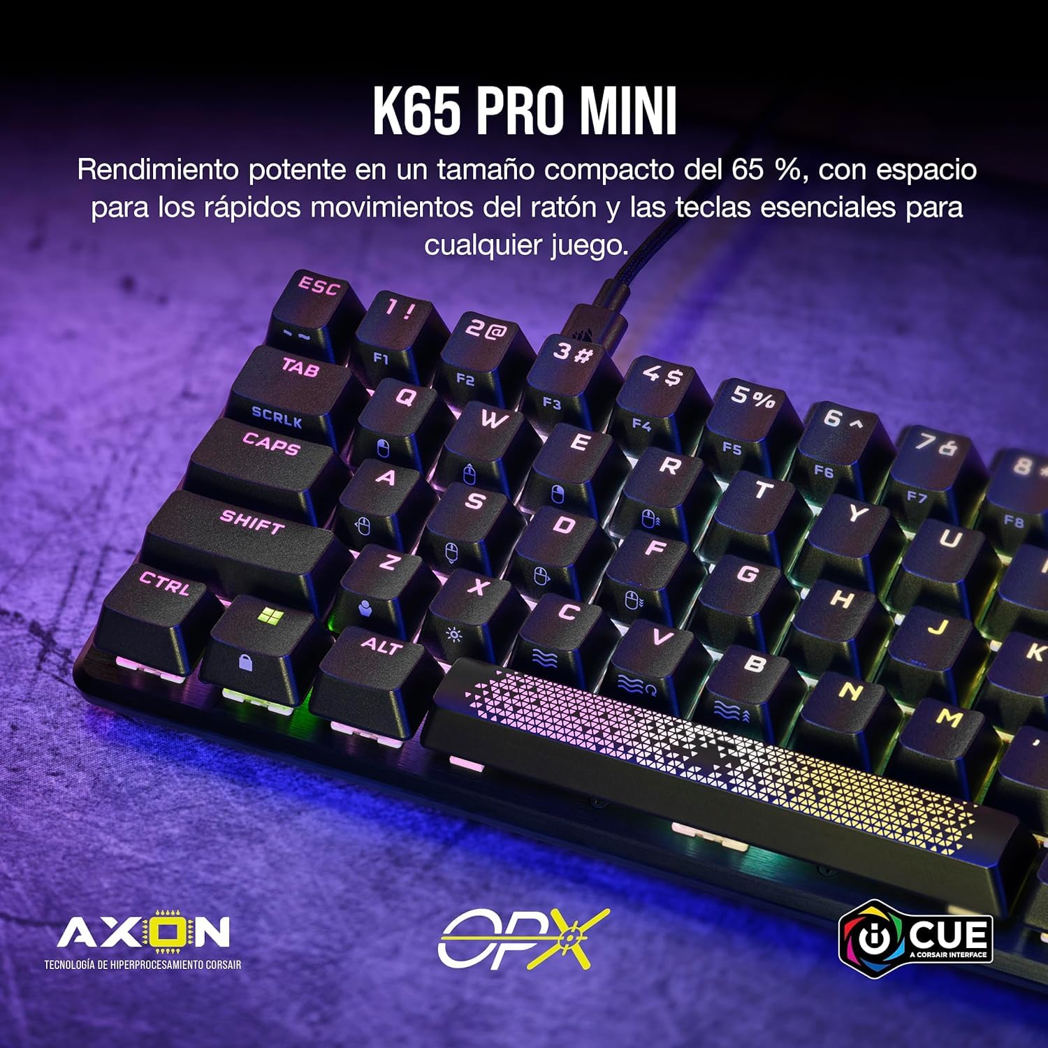 Corsair K65 PRO MINI RGB, 65% Optical - Mechanical Wired Gaming Keyboard - Przełączniki OPX - Klawiatury PBT Double-Shot - kompatybilne z iCUE - PC, PS5, PS4, Xbox - QWERTY PL - Czarny