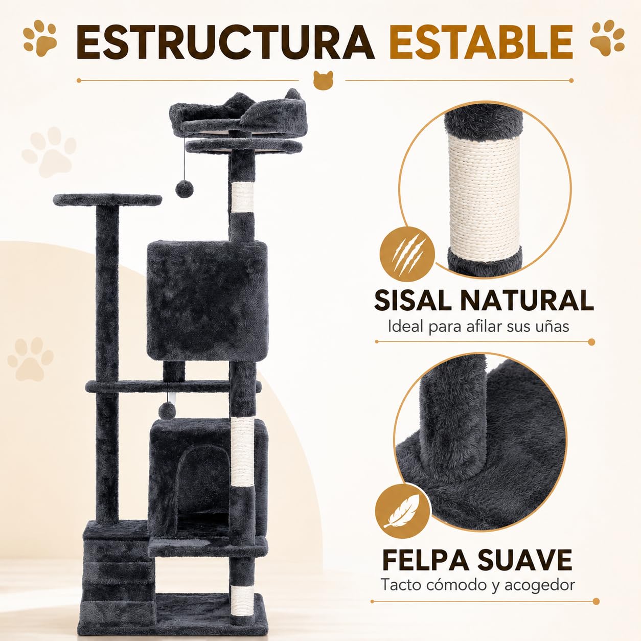 Árbol rascador para Gatos Grandes 150 cm, Torre multinivel Gris con 2 Cuevas, Cama Superior, Plataformas, Postes de sisal,